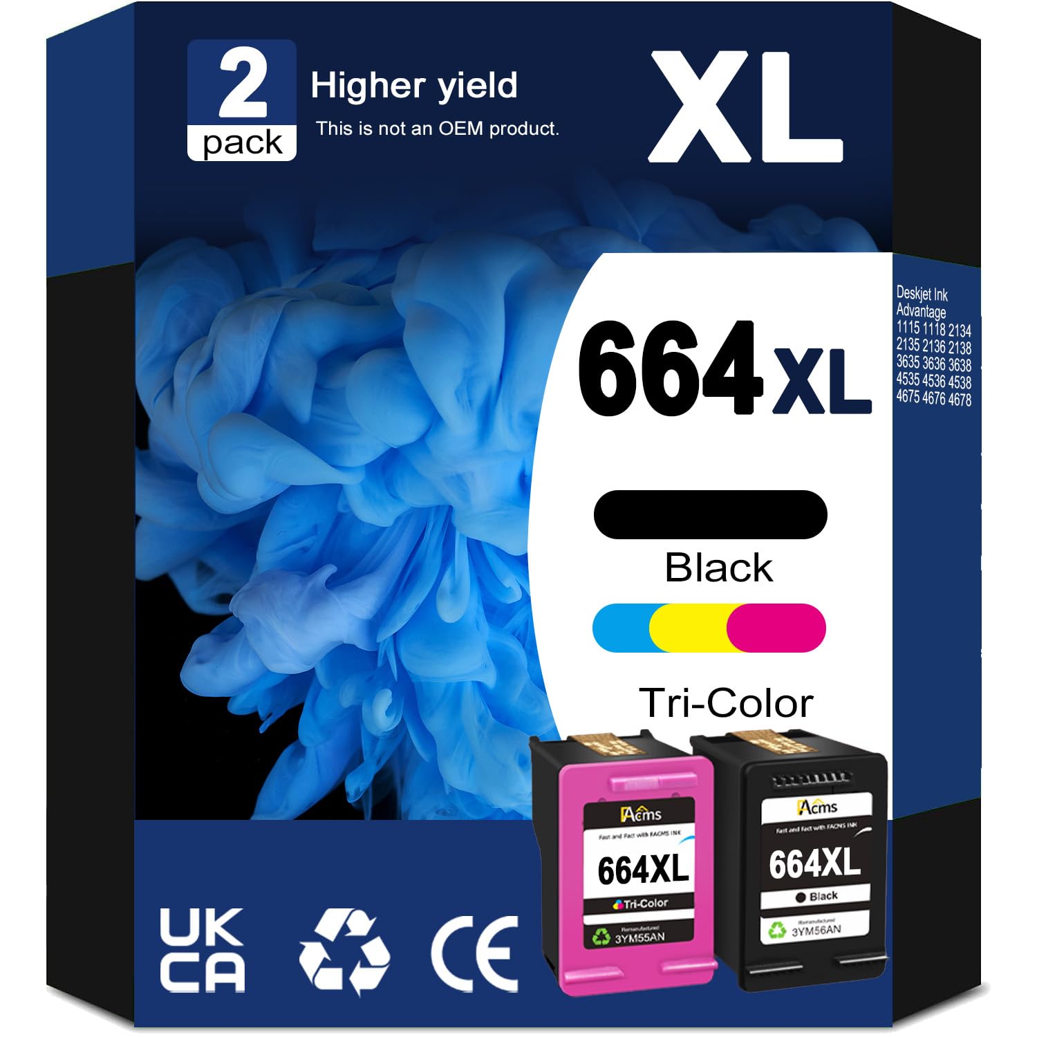 664XL Black/Tri-Color Ink Cartridge Replacement for HP 664 664XL Combo Pack for DeskJet 1115 2135 2138 3635 3636 3638 4535 4536 4538 4675 4676 4678 Printer Ink (1 Black, 1 Color)