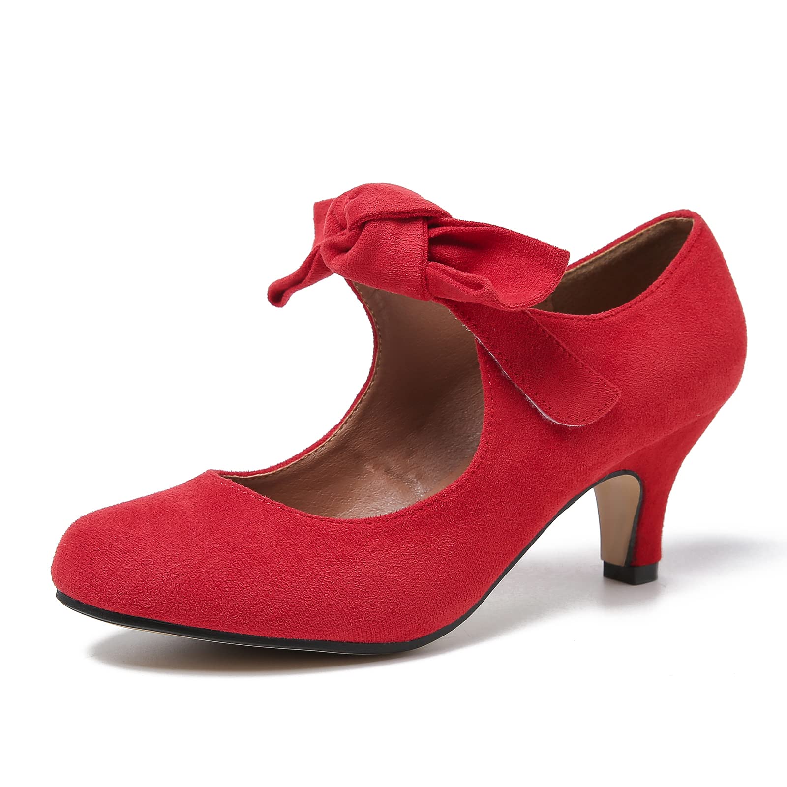 HeiyomWomen's Bow Mary Jane Kitten Heels Pumps Round Toe Low Heels Ankle Strap Wedding Dress Evening Party Shoes