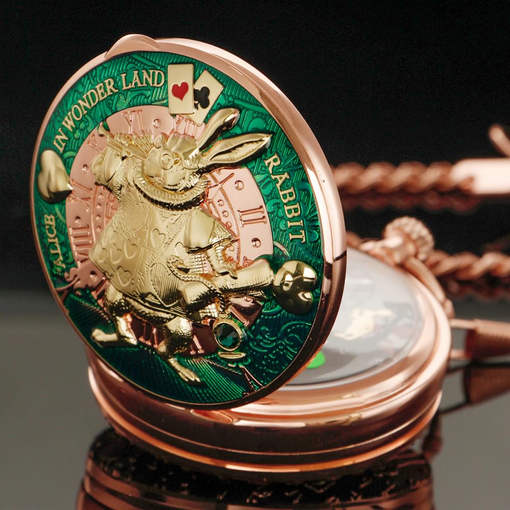 Tiong Orologio da taschino Alice nel paese delle meraviglie con carillon a manovella, con catena, regalo di compleanno e laurea