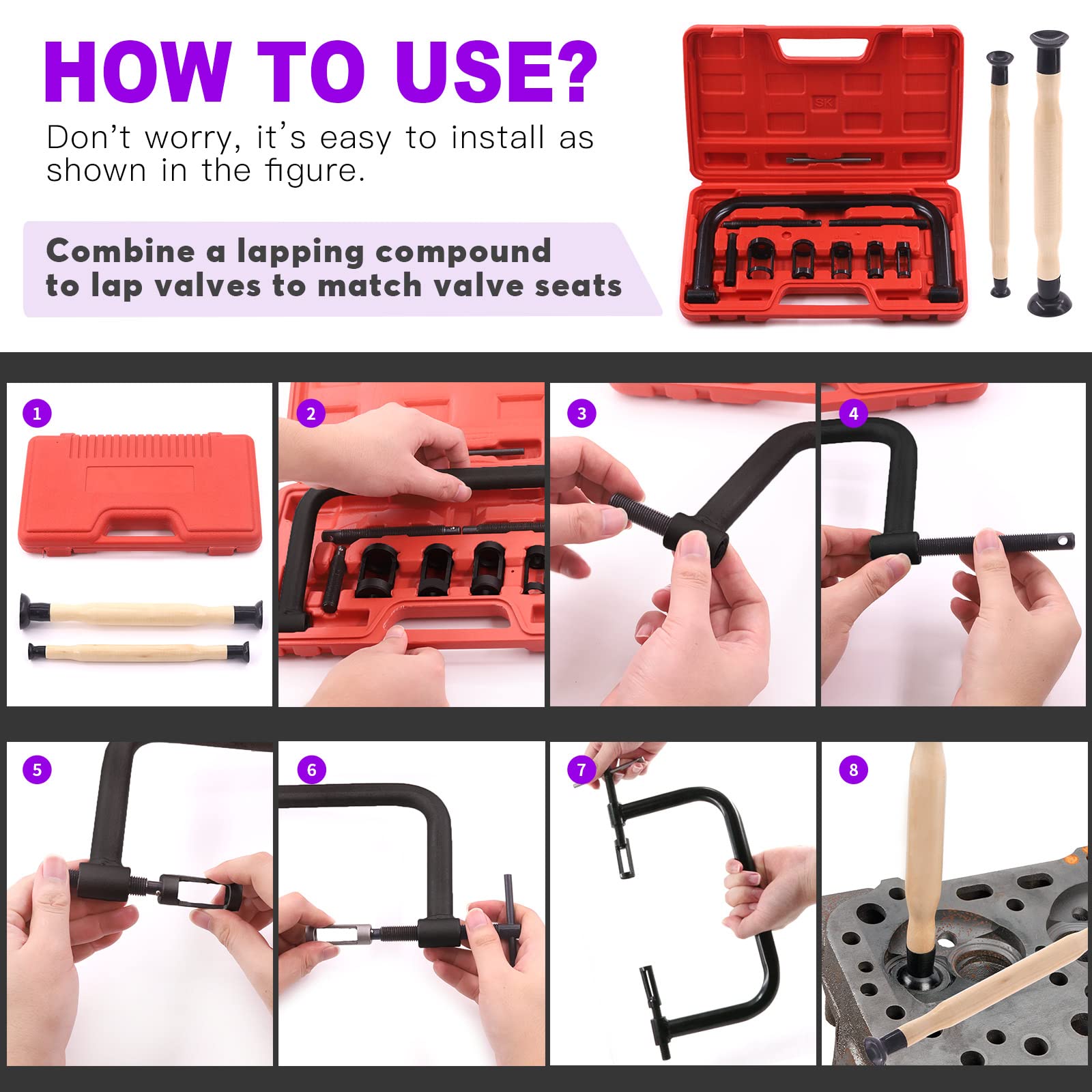 Swpeet Kit assortito di 13 attrezzi per compressore a molla per valvola, include 5 adattatori pusher, viti di estensione, set di valvole e barra di compressione per moto, auto e piccoli veicoli a
