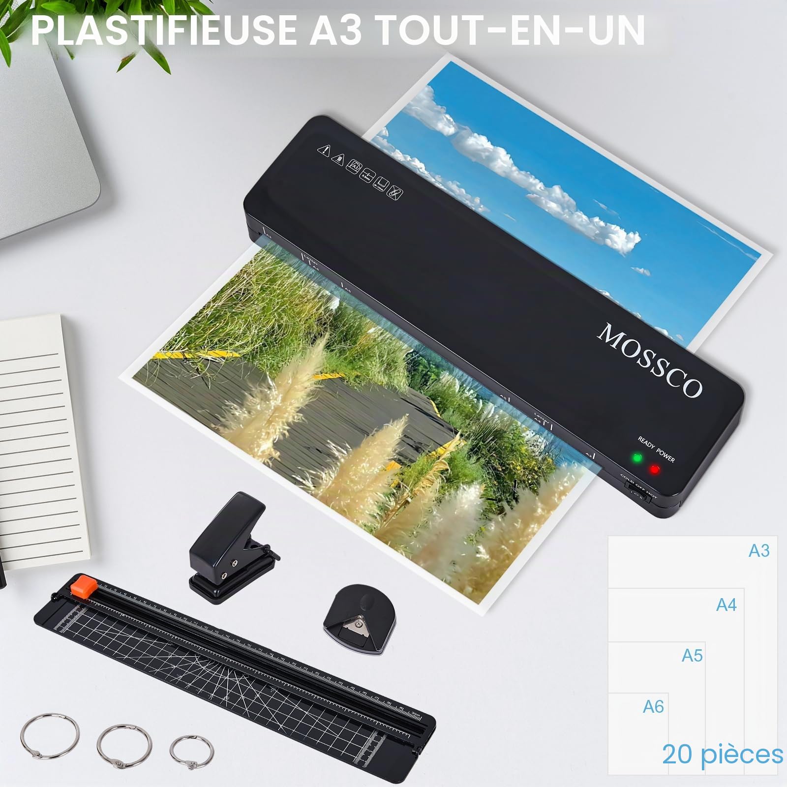 Plastifieuse A3 A4 A5 A6, lamineuse chaude et froide avec films de stratification, coupe-papier, perforateurs et anneaux de reliure pour bureau