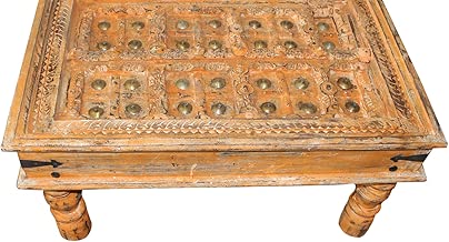 Antique Old Door Coffee Table Orange Carved Eclectic Boho Gypsy Chai Table