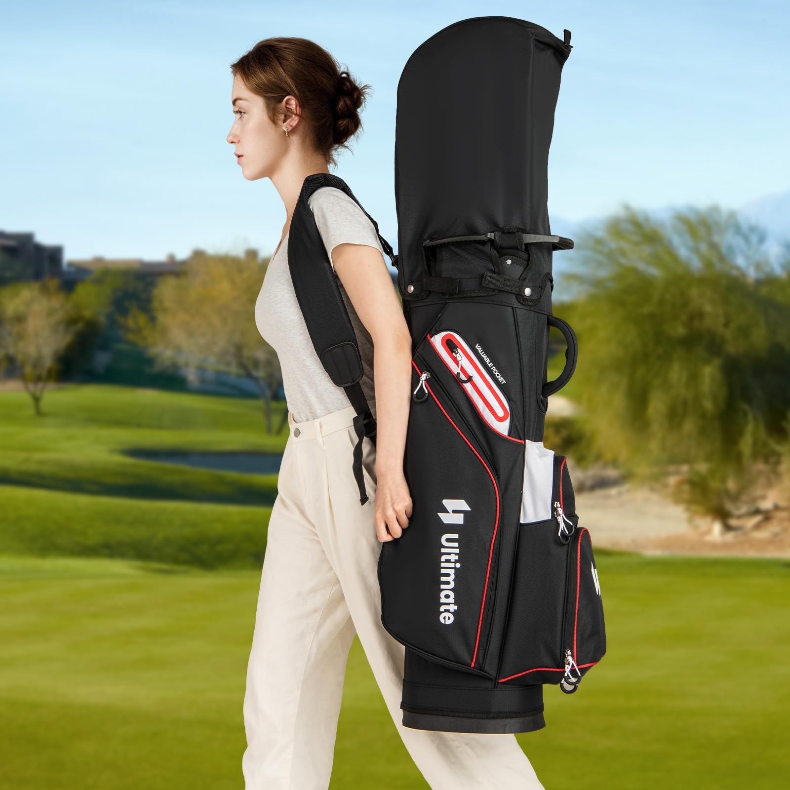 LIFEZEAL Golftasche, Golfbag tragbar mit 14 Fächern, 6 Taschen, Regenkapuze & Griffen, Golfwagentasche mit verstellbarem Schultergurt, Golf Cart Bag für Männer, Frauen