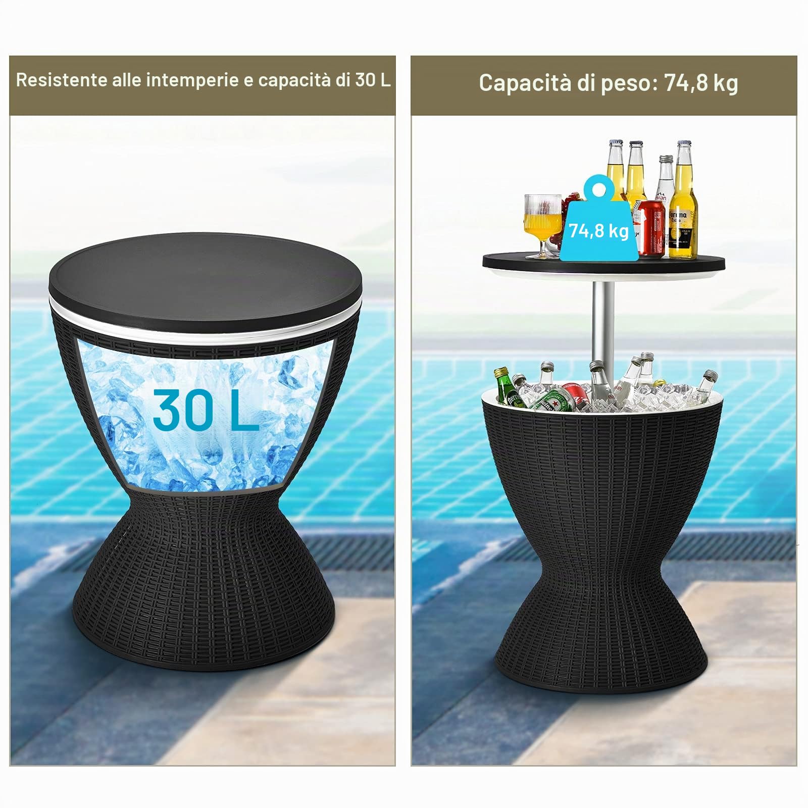GYMAX Tavolino Frigo 30L, Secchiello Ghiaccio con Valvola di Scarico e Coperchio, Tavolo Portaghiaccio in Effetto Rattan Resistente alle Intemperie, per Feste in Piscina e Barbecue (Nero)