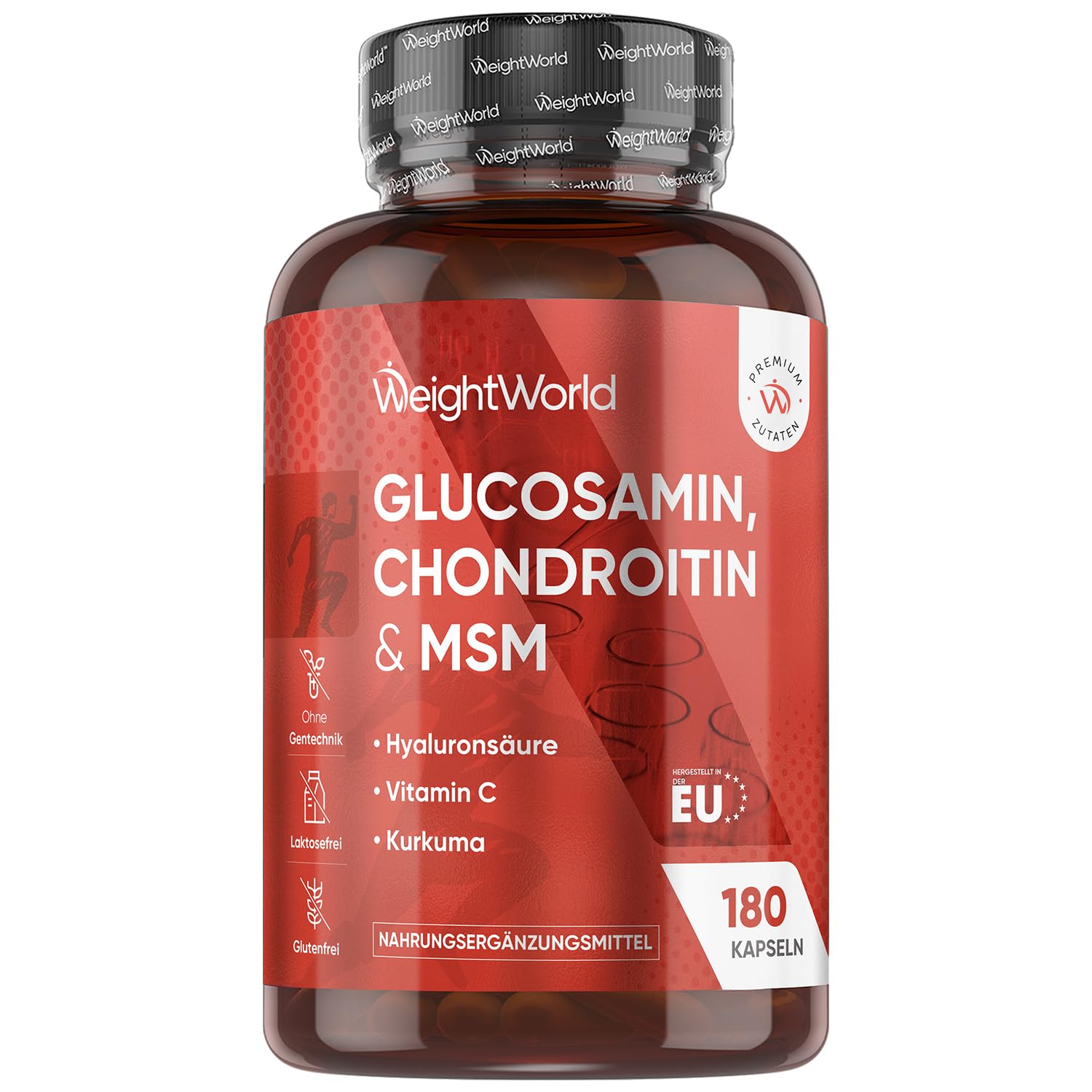 Glucosamin Chondroitin & MSM - 180 Kapseln - 1-2 Kapseln Täglich - Vitamin C trägt zur normalen Kollagenbildung für Knochen & Knorpelfunktion bei (EFSA) - Mit Hyaluron & Bio Kurkuma - WeightWorld