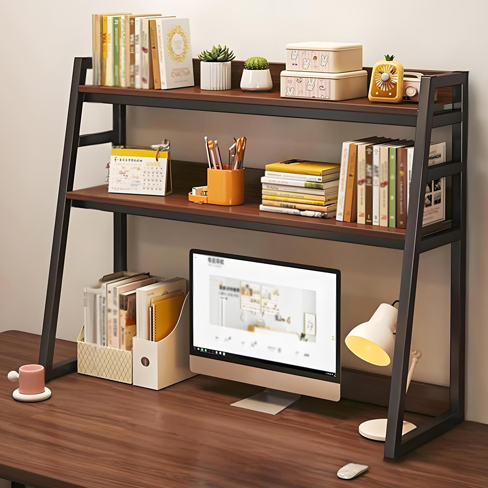 Estantería de escritorio de tres capas, estante de almacenamiento de escritorio de diseño trapezoidal, estantería de mesa de metal multifuncional, Dormitorio, habitación y escritorio (A, 95cm)