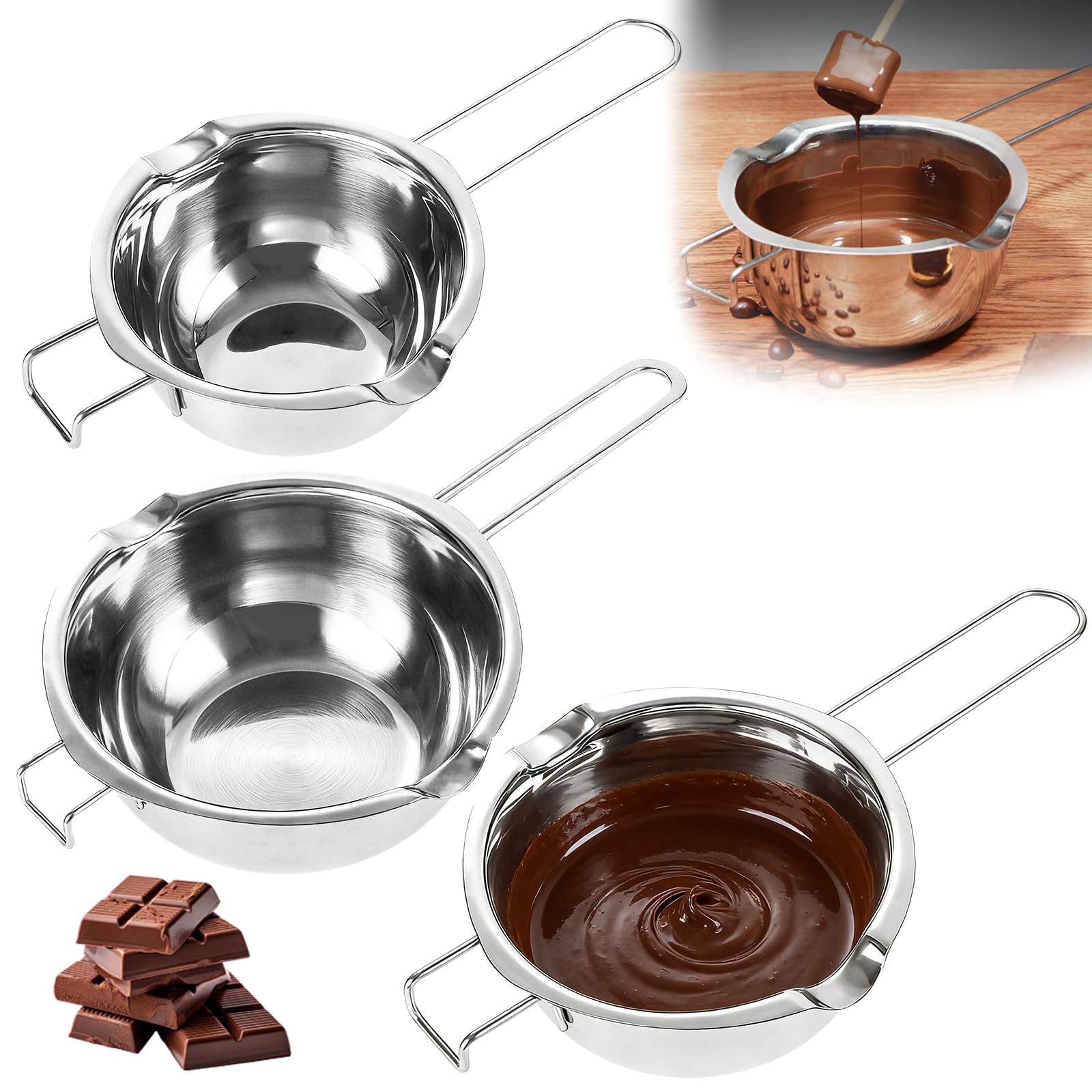3 Stück Wasserbad Schmelzschale (400ml 600ml 1000ml) Edelstahl 304 Schmelztopf Wasserbad Topf für Schokolade Schmelzen Backen und Wachs Silber