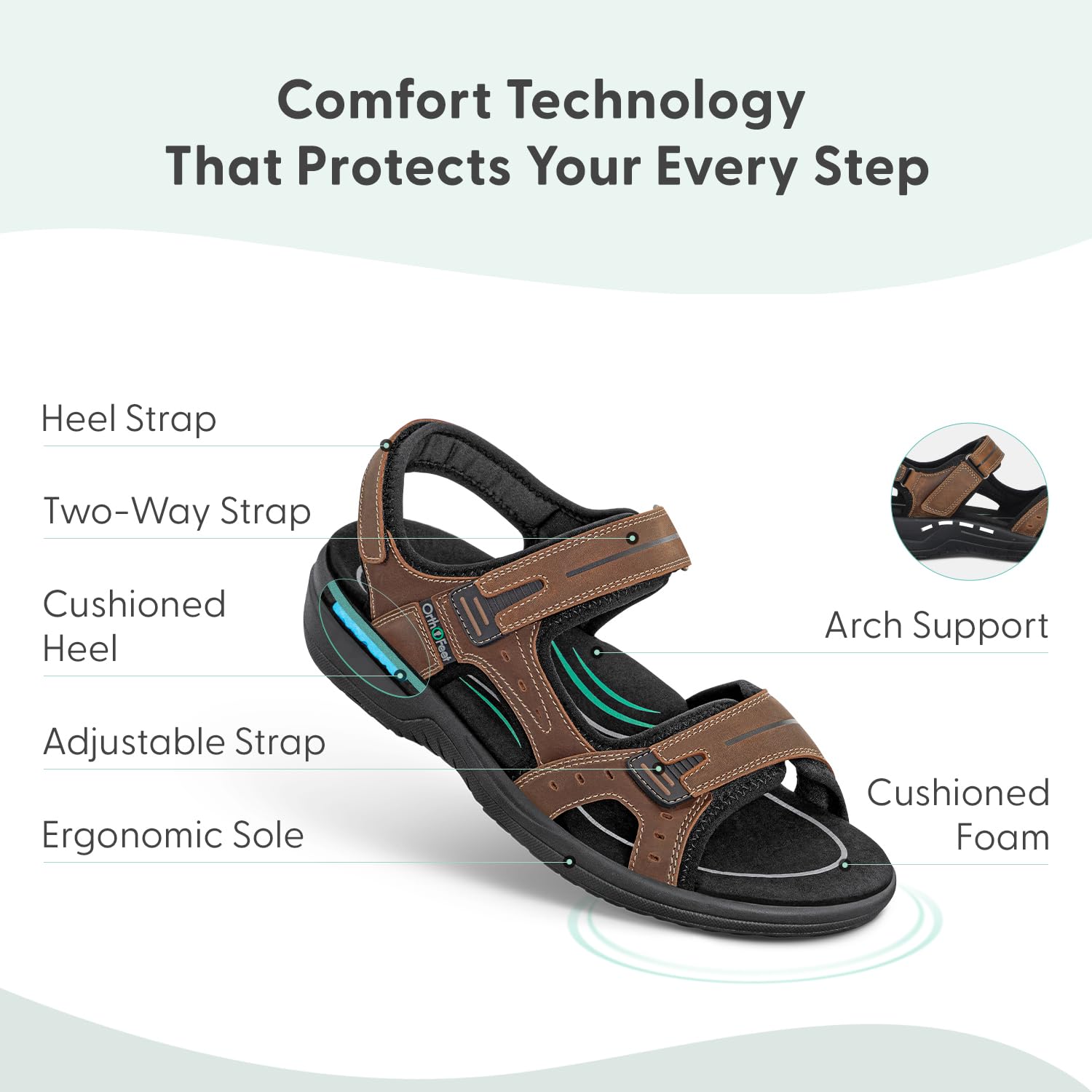 Orthofeet Gemini Orthopedic Mens Leather Sandals | Triple Adjustable Straps with Open-Toe Anatomical Arch Support Ergonomic Cushioning Wide Toe Box for Casual Outings product thumbnail 5