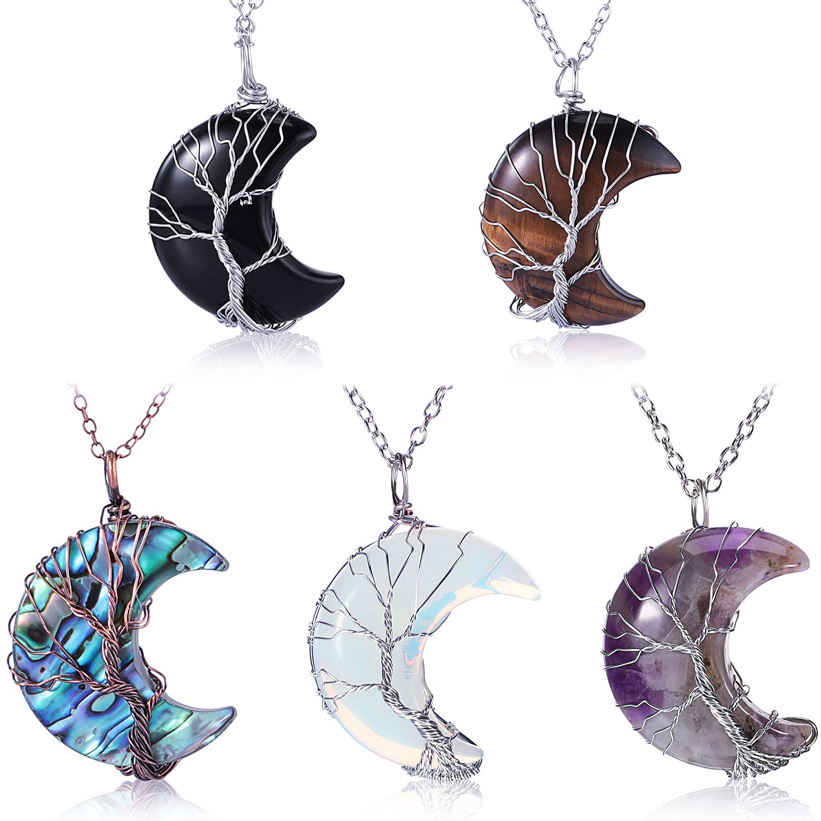 Hicarer5 Pieces Tree Life Crescent Moon Necklace Copper Wire Wrap Natural Gemstones Healing Crystal Pendant Necklace Natural Quartz Jewelry