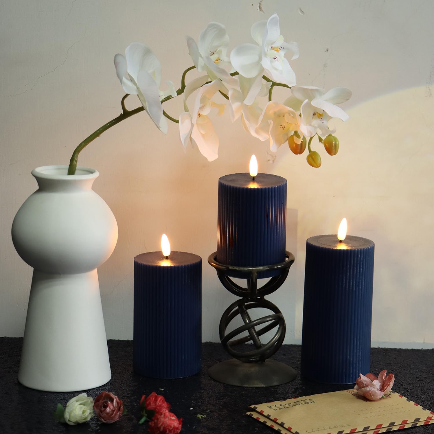 3 Pack Wax LED Flameless Candles with Remote Real Wax Battery Operated Electric Pillar Candle Set with Vertical Stripes 3D Black Wick for Home Party Wedding Decorations, Navy Blue, D 3 x H 4/5/6 inch