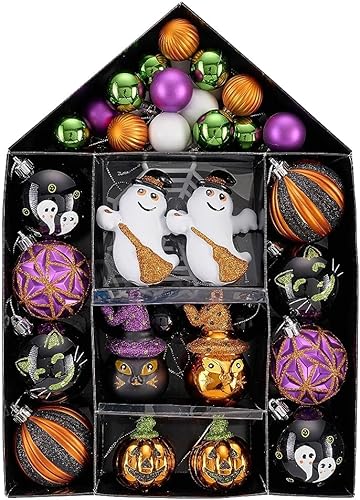 Valery Madelyn Adornos de Halloween para decoración de árbol, 40 unidades, tamaño mediano, inastillable, fantasma, gato, calabaza Jack-o'-Lantern,