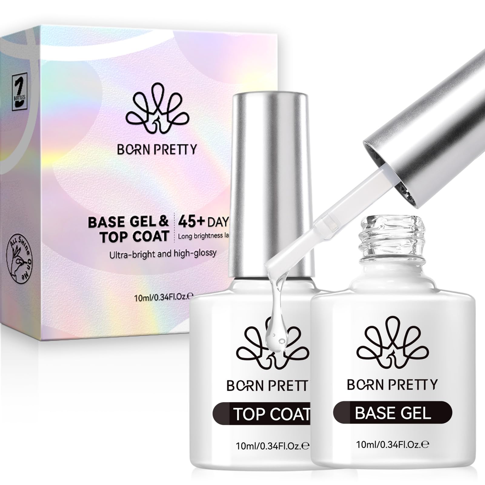 Born Pretty Top Coat Gel UV - No Wipe Super Top Coat Gloss Base Gel Kein Absplittern Oder Abblättern und Lang Anhaltend Unterlack und Überlack Set