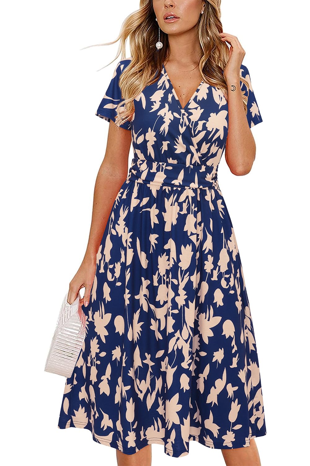 Newshows Women's Pockets Wrap V Neck Floral Summer Vacation Casual Sundress | Wrinkle Free, Stretchy, Summer Beach Floral Sundress 2026, Casual Dress for Vacation, Guaduation, Side Pockets, A-line