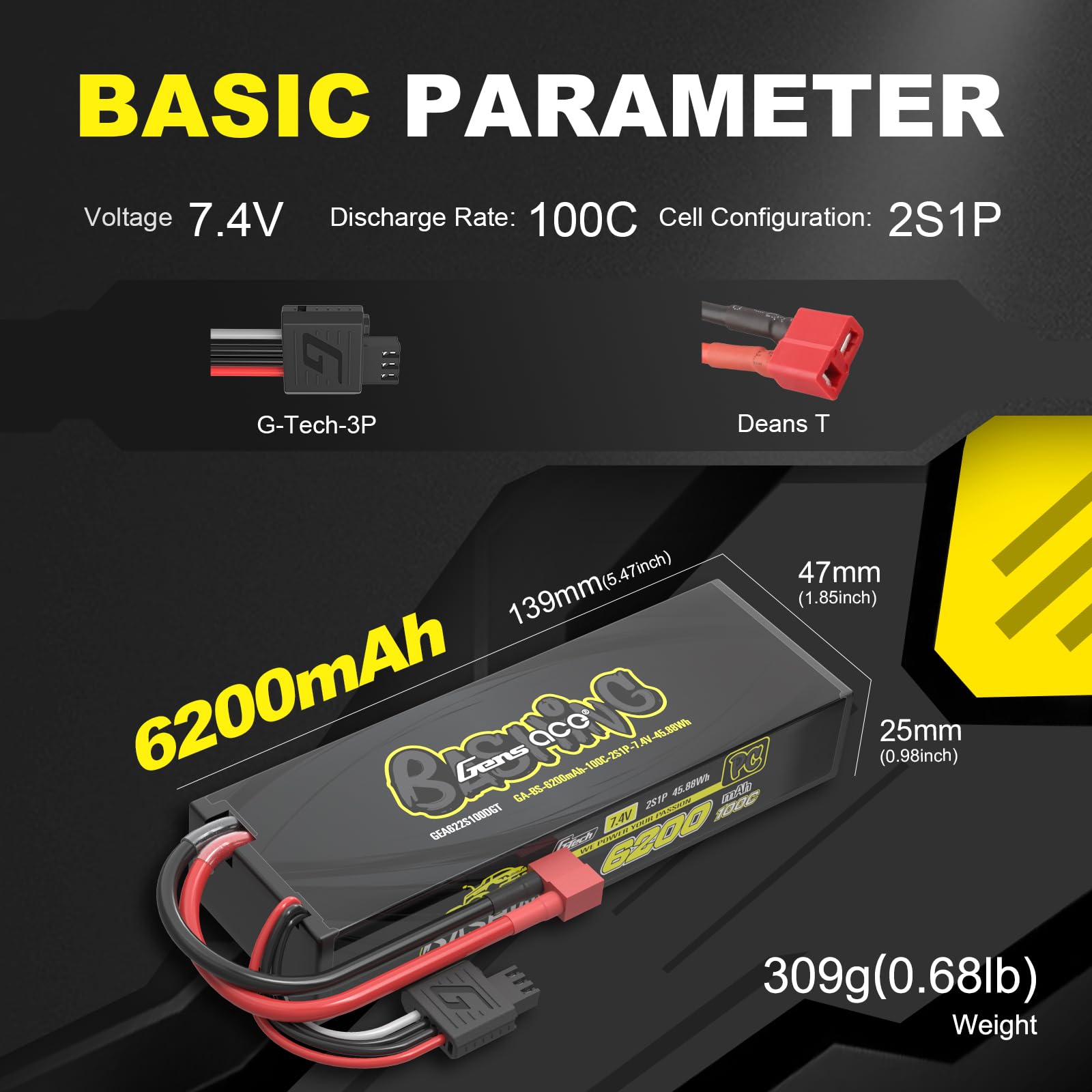 Gens ace 2S LiPo akumulator 7,4 V 6200 mAh 100C twarda obudowa z wtyczką Deans – RC akumulator samochodowy do 1/18 mini modeli