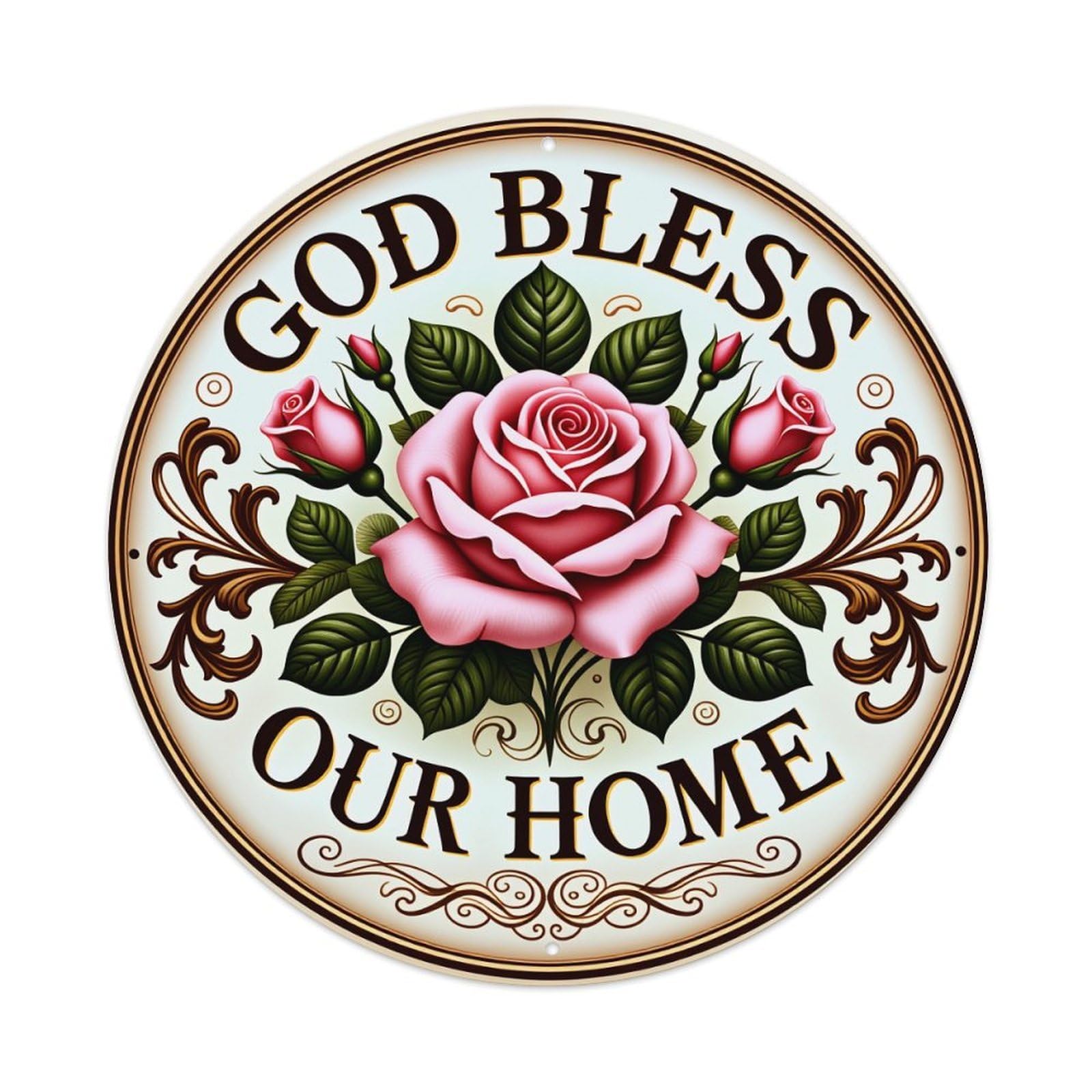 God Bless Our Home Rose Round Tin Sign Vintage Style Metal Sign Home Bar Garden Wall Plaque Decor Metal Poster 8x8 Inch