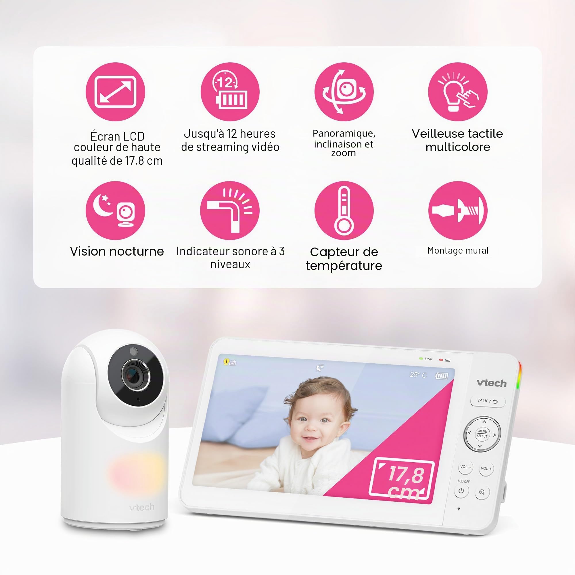 VTech VM7467 Moniteur pour bébé avec écran LCD 7", Zoom inclinable panoramique à Distance, Vue Grand Angle de 178°, Sons apaisants et berceuses, veilleuse Multicolore, Conversation bidirectionnelle,