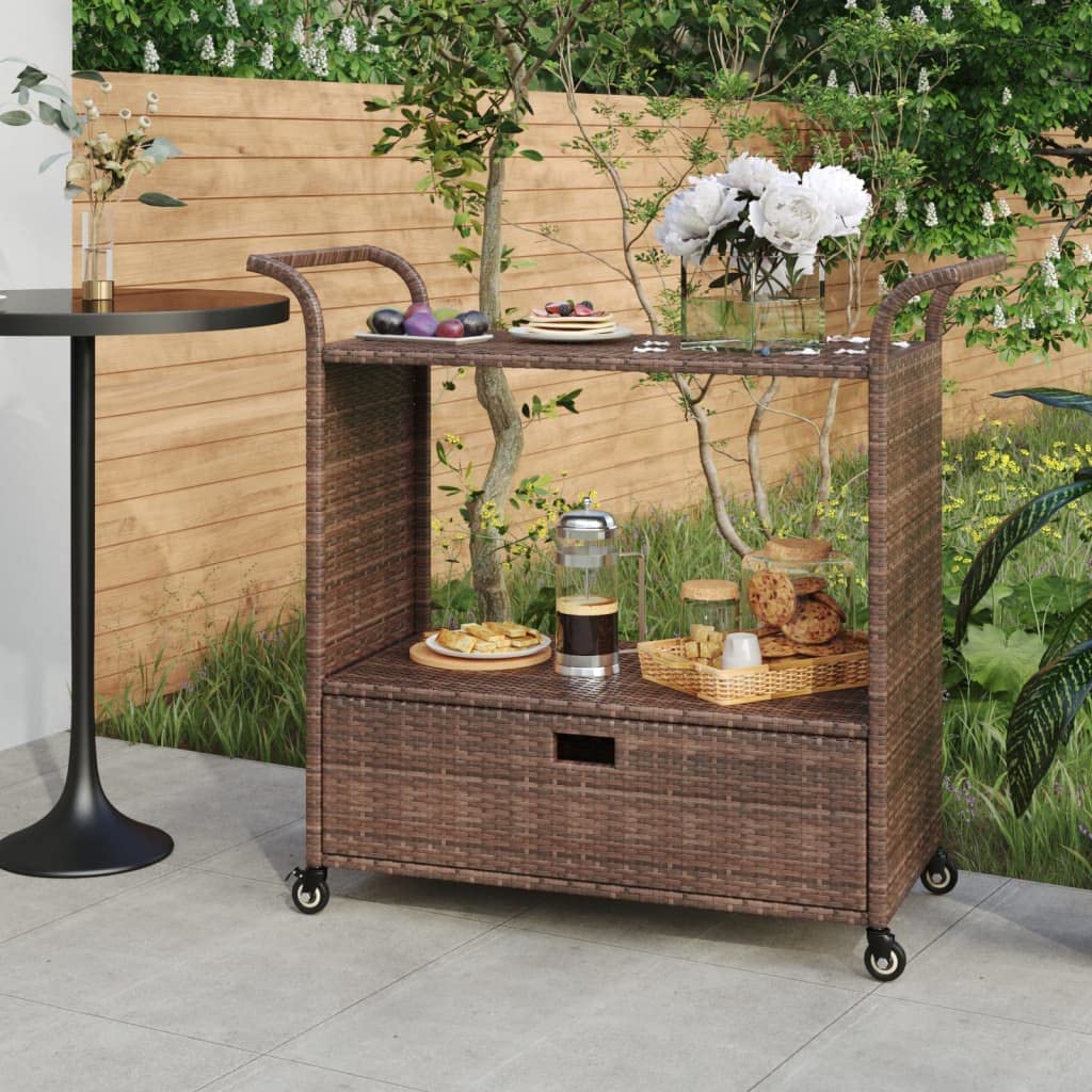 Chariot de Bar avec tiroir Marron 100x45x97 cm résine tressée Meuble Roulant pour Service Repas Cuisine Salle Manger Salon avec roulettes verrouillables