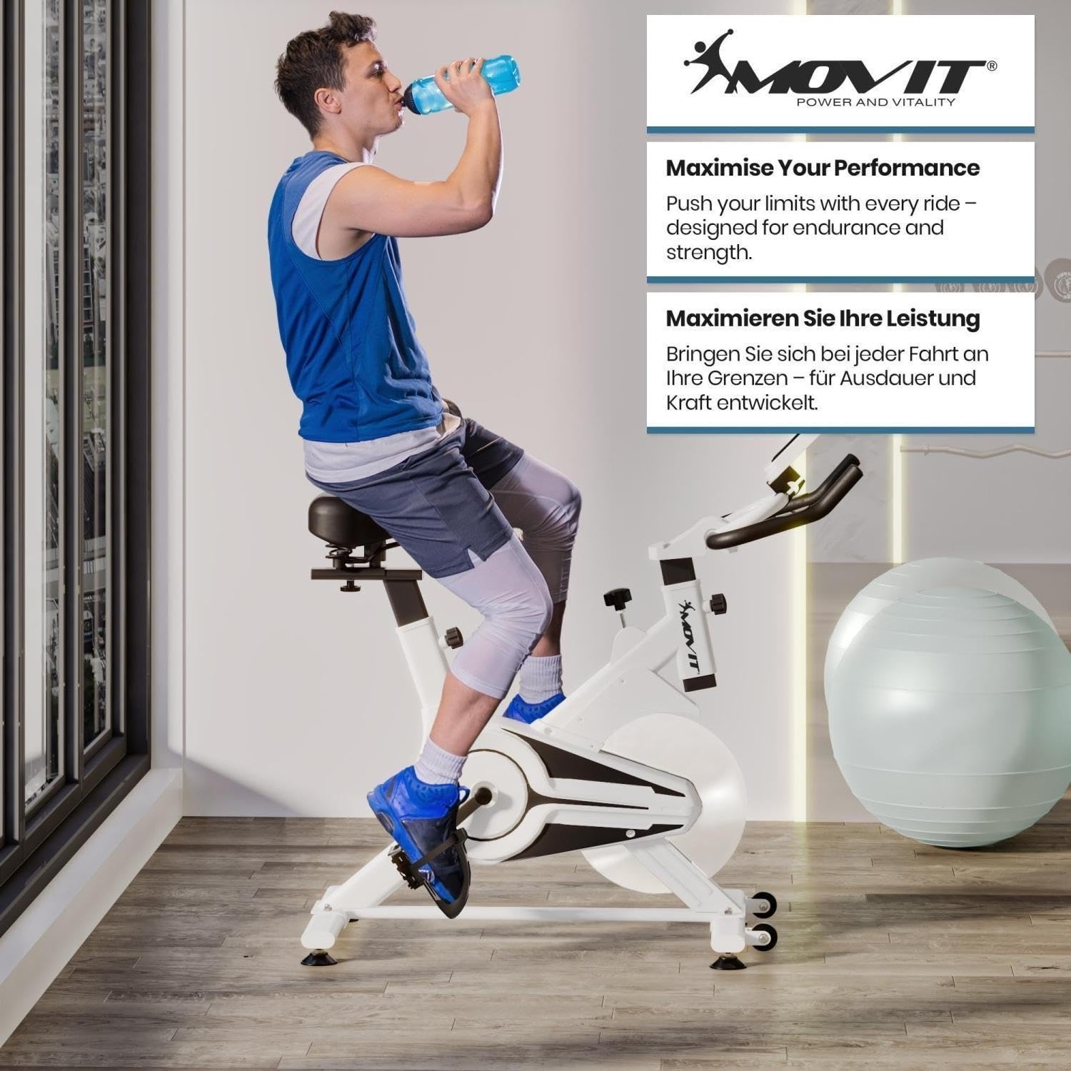 Vélo D'Appartement Movit® – Volant 6 Kg, Résistance Réglable, Ordinateur 6 Modes, Selle Confortable, Frein D'Urgence – Spinning/Home Trainer (Noir/Blanc)