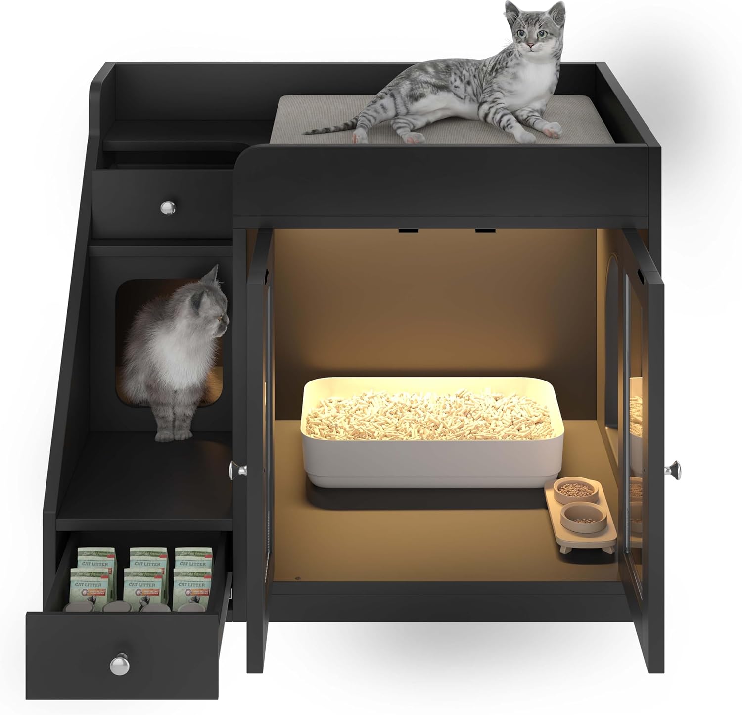 32.6" Cat Litter Box Furniture with LED, Hidden Litter Box Furniture with Storage, Enclosed Wood Cat House with Stairs & Doors, Farmhouse, Suitable for Living Room Bedroom (Black)