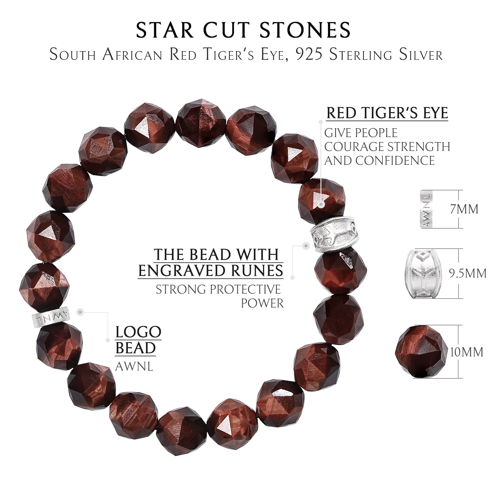 AWNL Pulsera de cuentas para hombre con dije de plata de ley de 10 mm, obsidiana dorada de ojo de tigre de corte de precisión, regalo para hombres, 14 - 18 cm