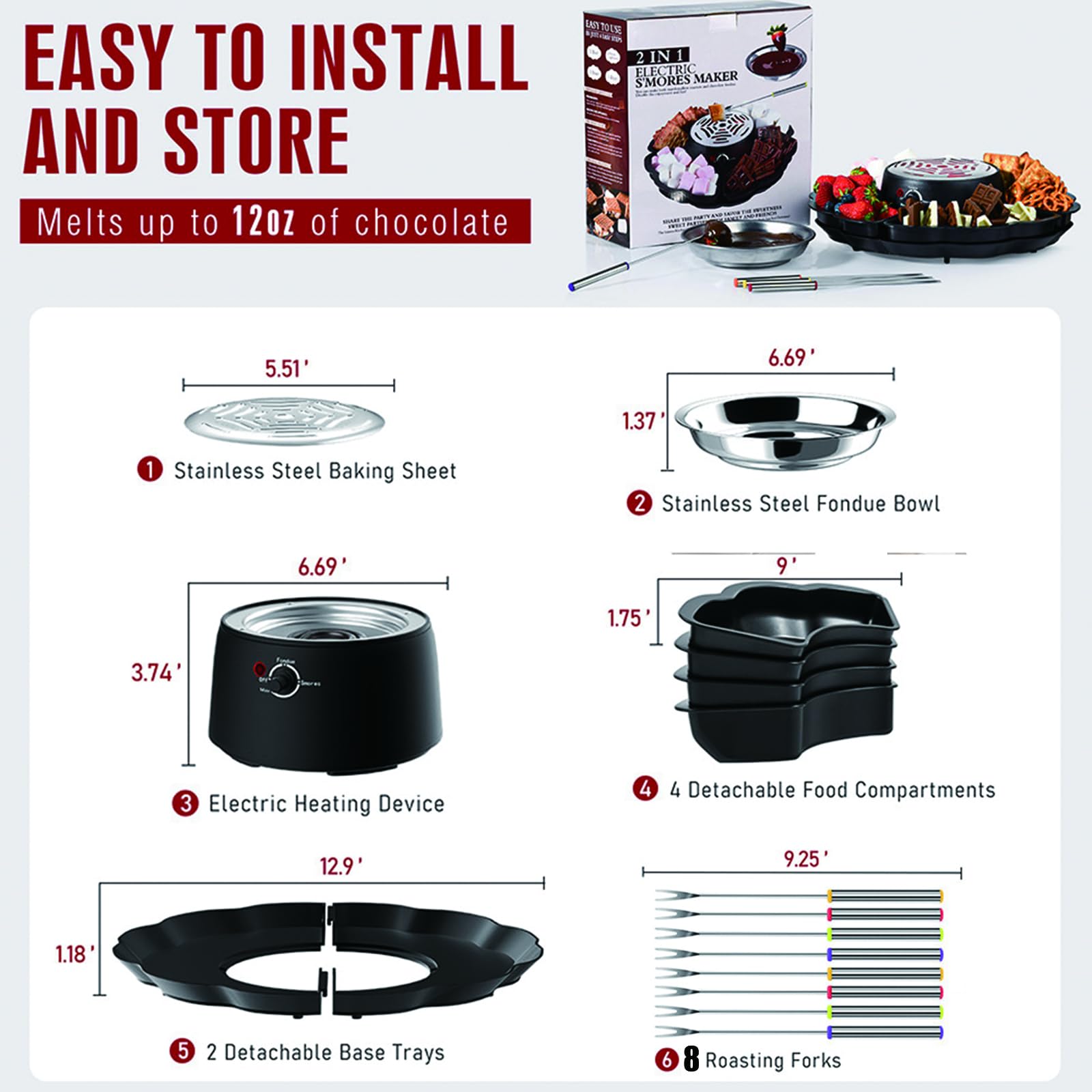 Set 2-en-1 S'Mores & Fondue de Chocolate – Tostador Eléctrico de Malvaviscos de 280W con Control de Temperatura & 14 Accesorios, Kit Indoor para S'Mores para Fiestas, Noches de Cine & Regalos