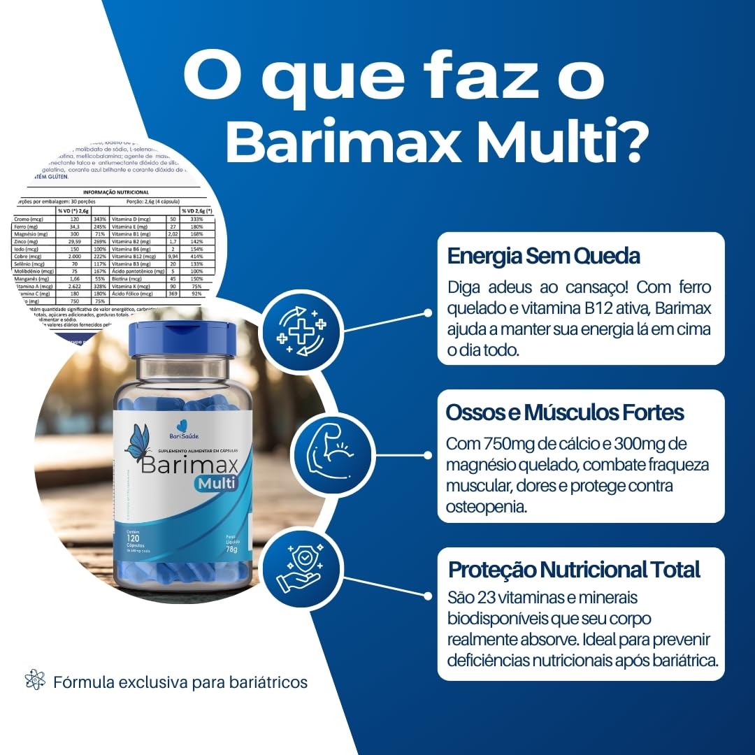 Barimax Multi – Multivitamínico Para Bariátricos – Kit C/ 3 em promoção! Veja a oferta e mais achadinhos de Vitaminas & Suplementos 3 Hoje é o melhor dia para comprar Barimax Multi – Multivitamínico Para Bariátricos – Kit C/ 3 com aquele preço maroto! Promoção! Aproveite a oferta! 3