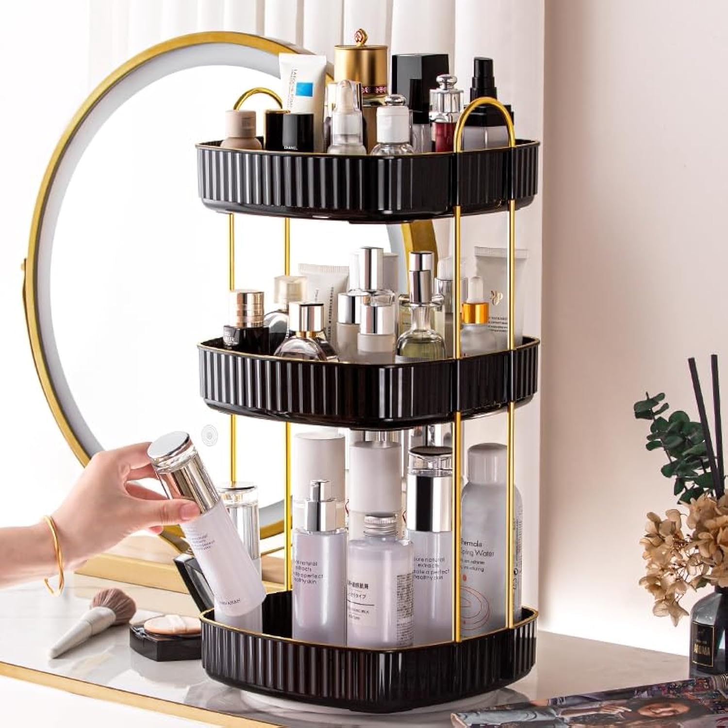 CESTATIVO 360° Rotating Makeup Organizer, Spinning Bathroom Organizer Countertop, Large Capacity Cosmetics Skincare Organizer for Bathroom Vanity Dresser Table (Black, 3 Tiers)