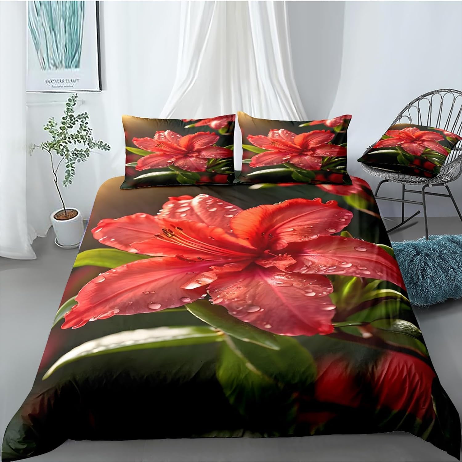 Housse de couette 220x240 lys rouge en microfibre douce anti-plis pour lit 2 personnes