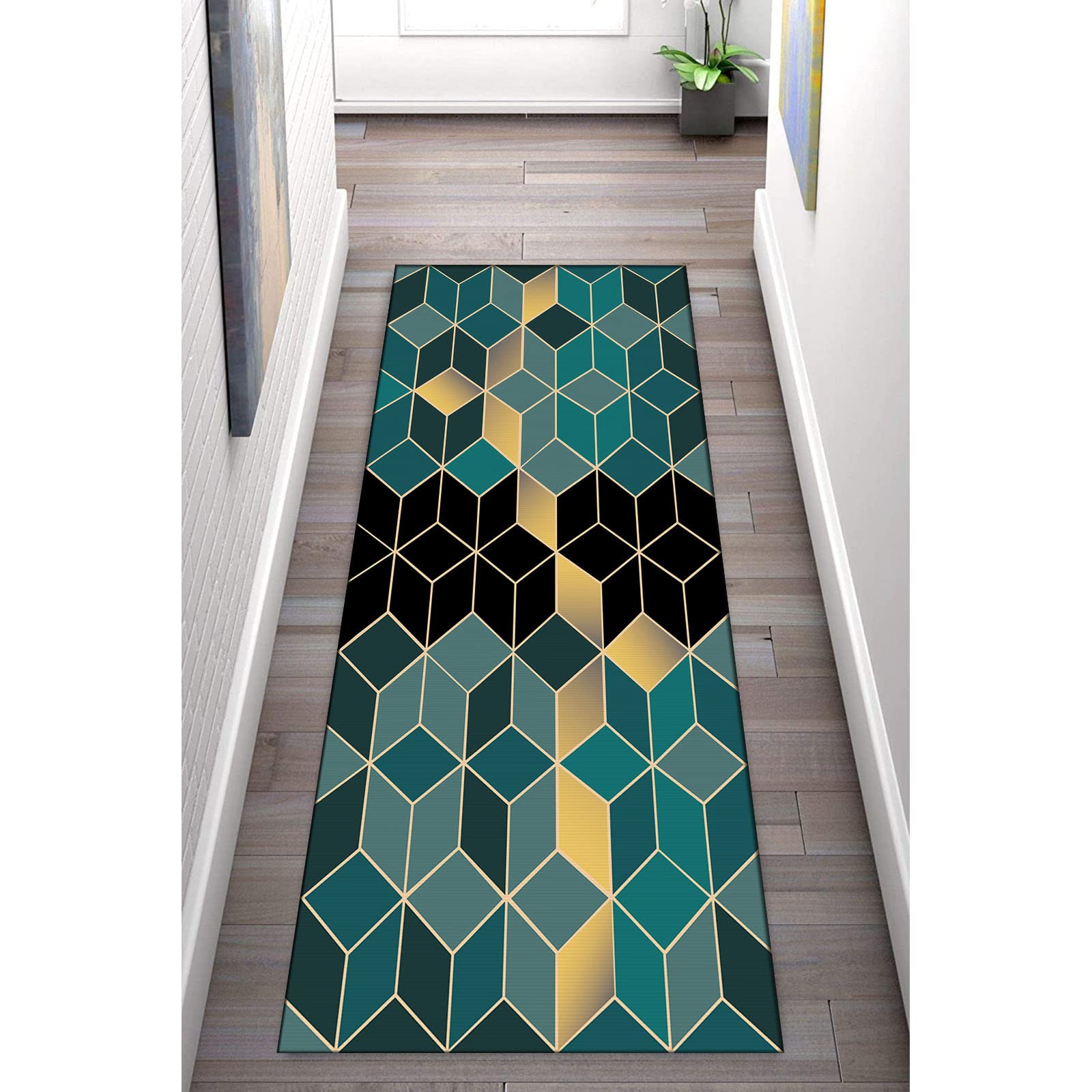 Rutschfester Läufer Teppich für Flur und Wohnzimmer, modernes geometrisches Diamant-Gitter-Design, vielseitiger Teppich für Heimdekoration
