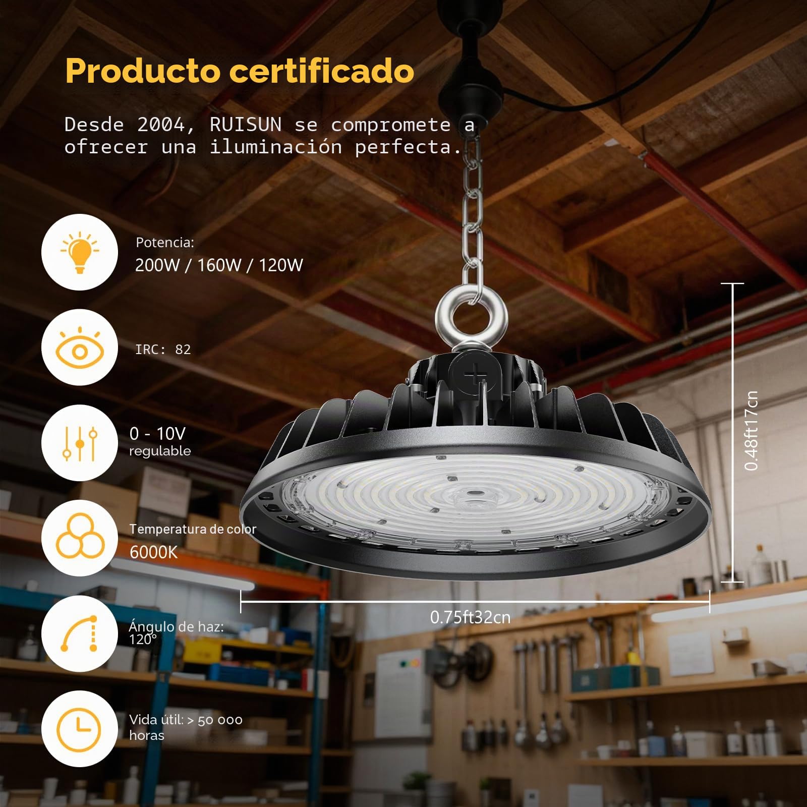 UFO 240W LED Lámpara de Alta Bahía 40800LM Campana led 4000K Industrial Regulación 140W/190W/240W IP65 Antipolvo e Impermeable Foco LED 120° Driver Industrial Para Fábricas,Talleres,Garajes