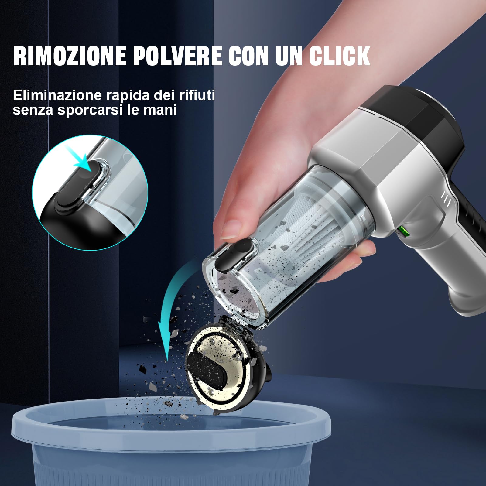Aspirapolvere a mano a batteria 4 in 1, per auto, forte, 25000 PA a 3 marce, 220000 giri/min, senza fili, per auto, cucina, PC, divano, ufficio, casa e animali domestici