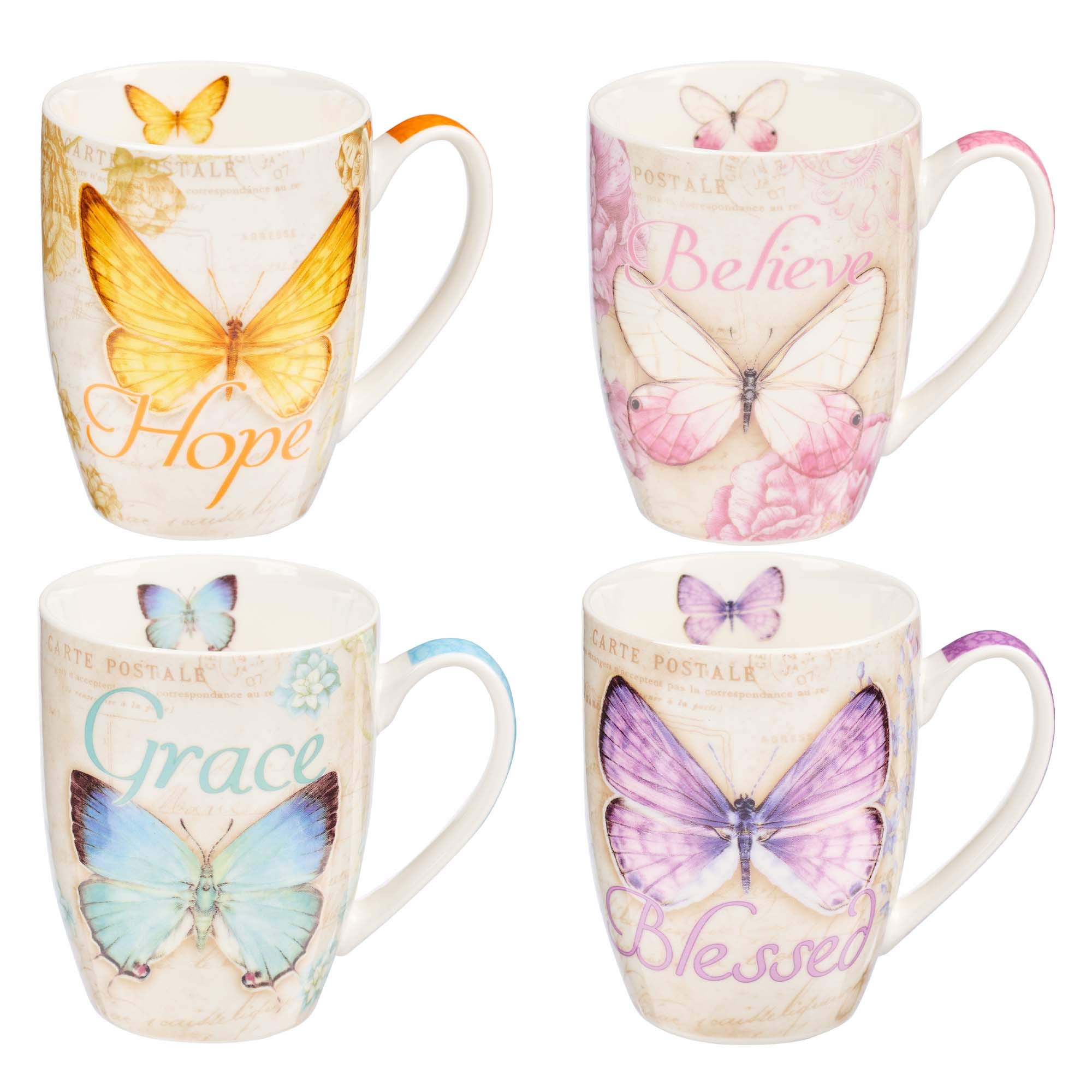 Botanic Butterfly Blessings Coffee/Tea Mug Set w/Scripture Teal Grace Butterfly, Purple Blessed Butterfly, Pink Believe Butterfly, Yellow Hope Butterfly, Microwave/Dishwasher Safe, Ceramic 12oz