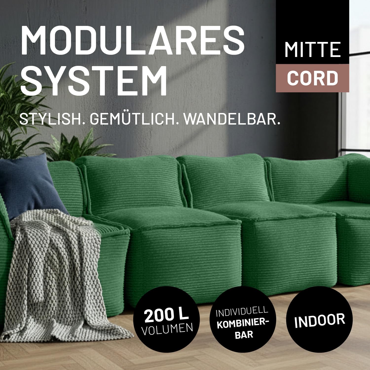 LUMALAND Modular Sitzsack Mitte Cord 200 L für Modulares Sofa | ideales Match mit Sessel & Pouf | EPS Perlen Bean Bag mit Füllung | Indoor Lounge Sitzkissen waschbar für Wohnzimmer, Schlafzimmer & Co.