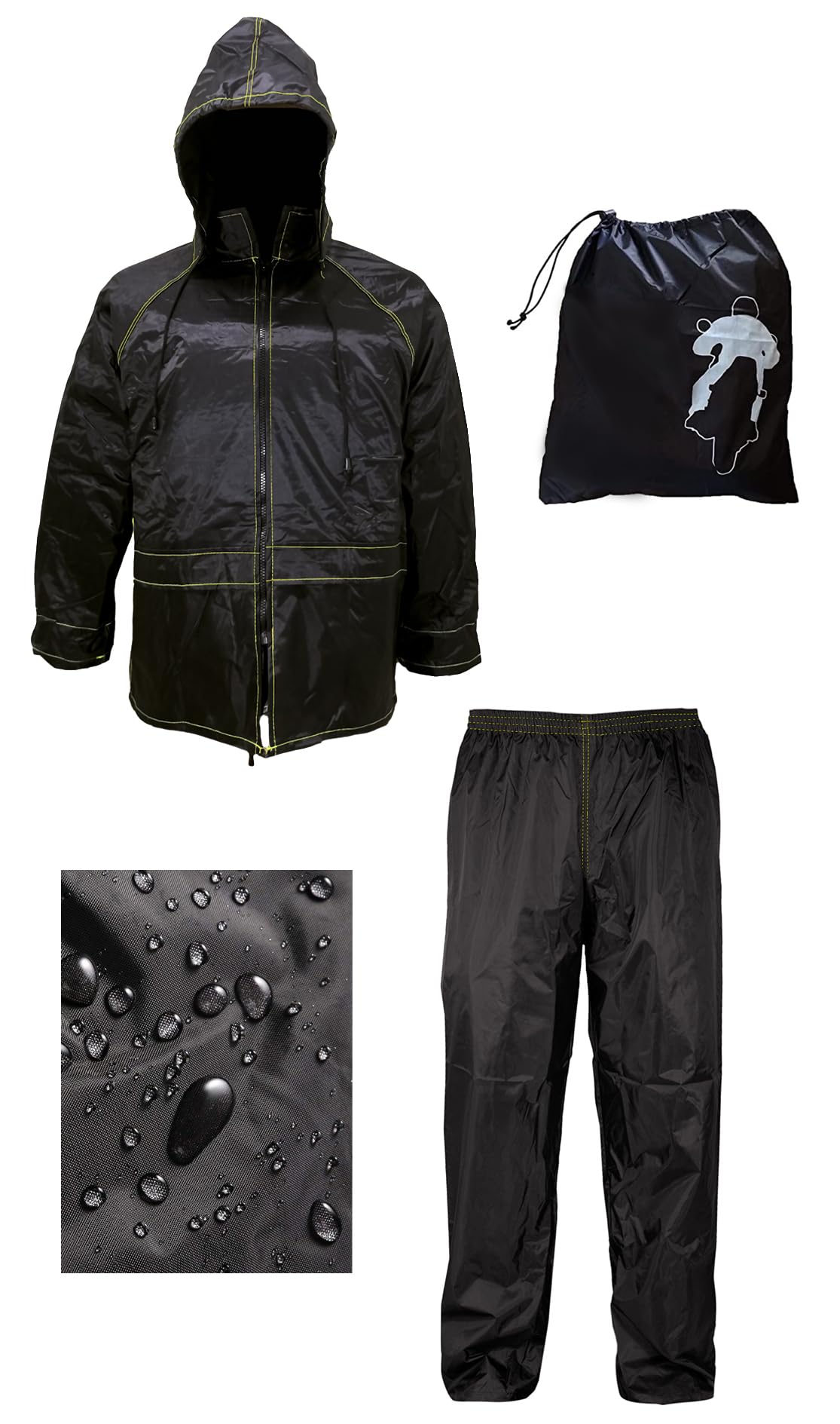 Rebeca Shop Tuta Moto Impermeabile Antipioggia Antivento | Con Borsa | Nero | Completo Giacca e Pantalone - Cappuccio a Scomparsa | Uomo Donna | Scooter Bici | Kit pioggia
