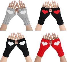 4 Pcs Cute Heart Fingerless Gloves Y2K Wrist Length Winter Knitted Mitten with Thumb Hole