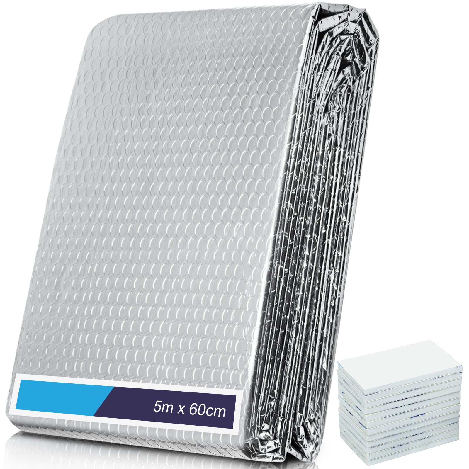 Lámina reflectora de radiador para el hogar 5 m x 60 cm, lámina de radiador de aislamiento reflectante de calor de 3 mm de espesor con almohadilla adhesiva, lámina de burbuja para radiador