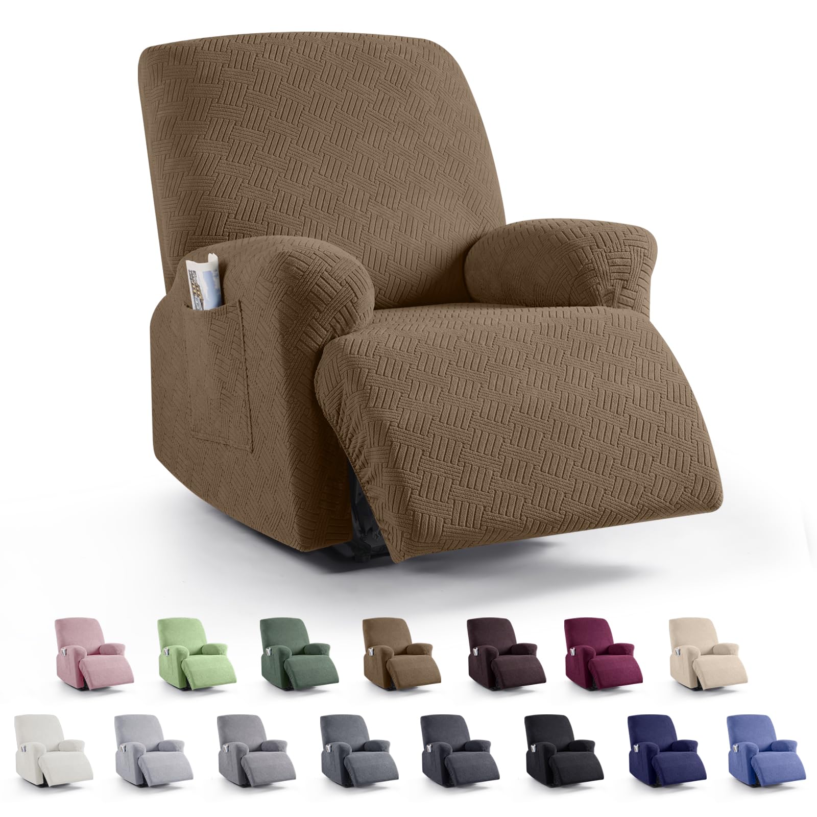 KinCam Recliner Covers, Stretch Reclining Chair Covers, Recliner Sofa Slipcovers Stripe Jacquard Recliner Couch Covers Furniture Protector Covers for Pet Kid (1 Seater, Light Coffee)