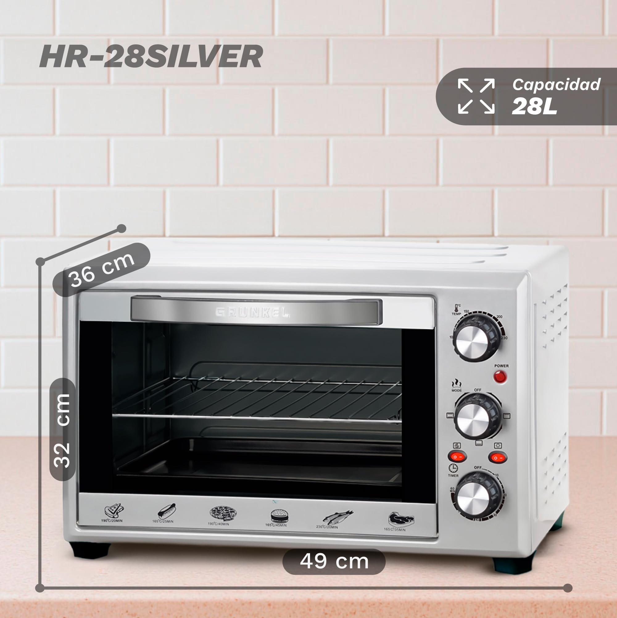 Grunkel Horno eléctrico multifunción de sobremesa de 28L con 3 funciones de calor y selector de temperatura hasta 230ºC. Temporizador hasta 60 min - 1600W