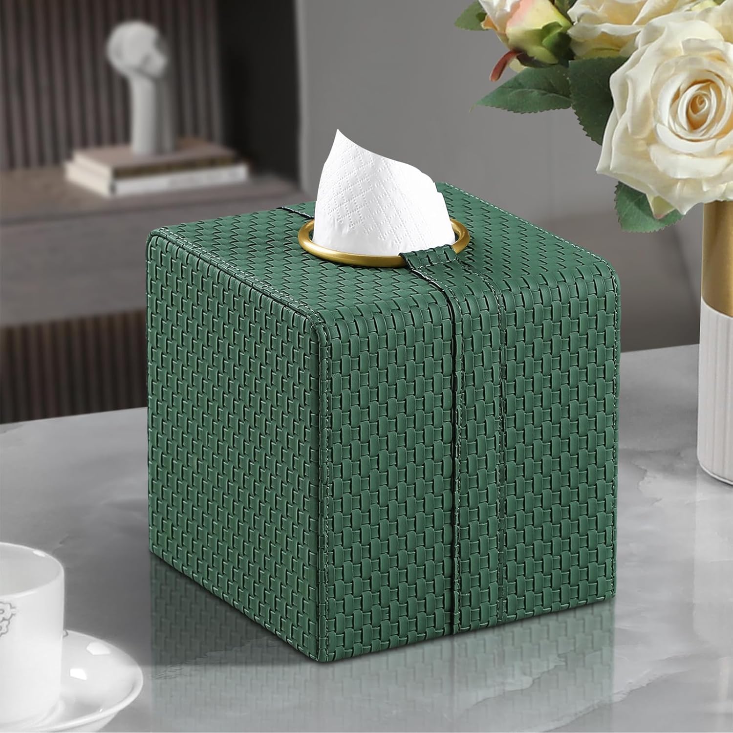 Square Tissue Box Cover, Luxury PU Leather Tissue Holder with Magnetic Closure (Forest Green)