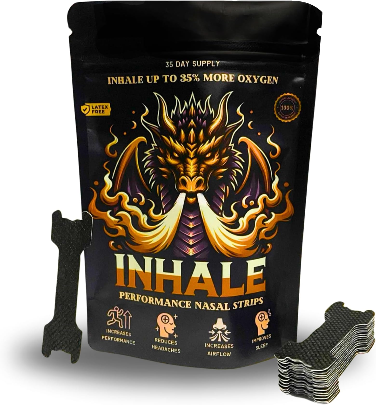 Inhale Performance Nasal Strips (35 Ct) for Athletic Performance, Snoring Relief & Better Sleep - Sweat & Oil Proof Adhesive - Black, Sleek Universal Fit, Extra Strength - Hypoallergenic & Latex Free