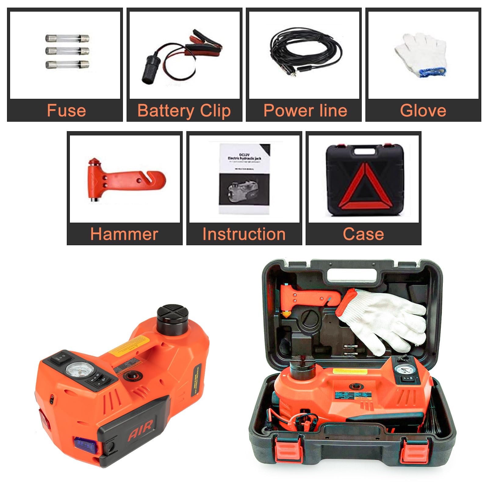 Cric Électrique 12v 5t 3 en 1 Ensemble de Cric de Voiture hydraulique électrique clé à Chocs électrique élévateur à Ciseaux de Voiture Pompe de gonflage de pneus avec Lampe LED (Orange B)