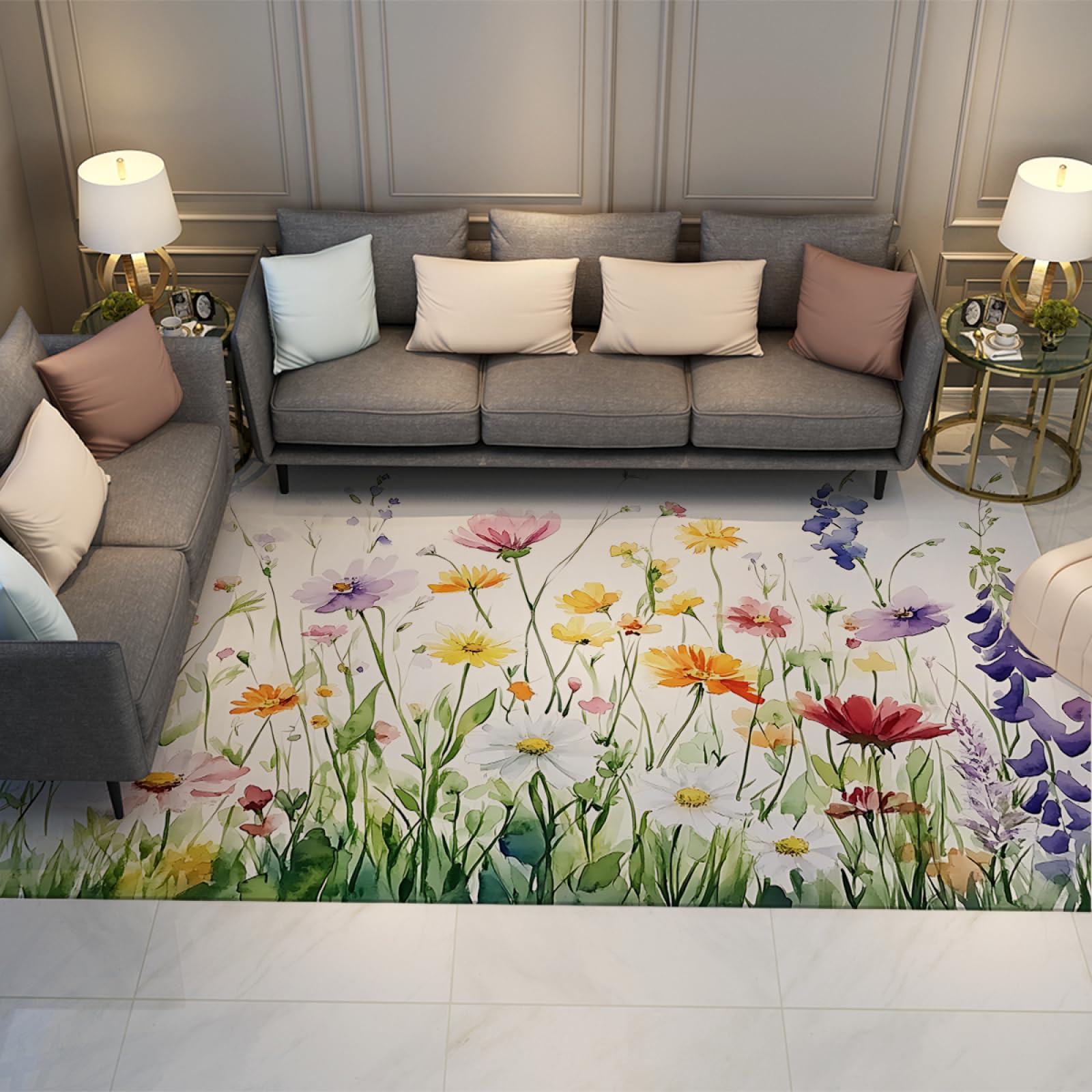 Tapis aquarelle plante florale pour salon et bureau à domicile lavable en machine 60x120