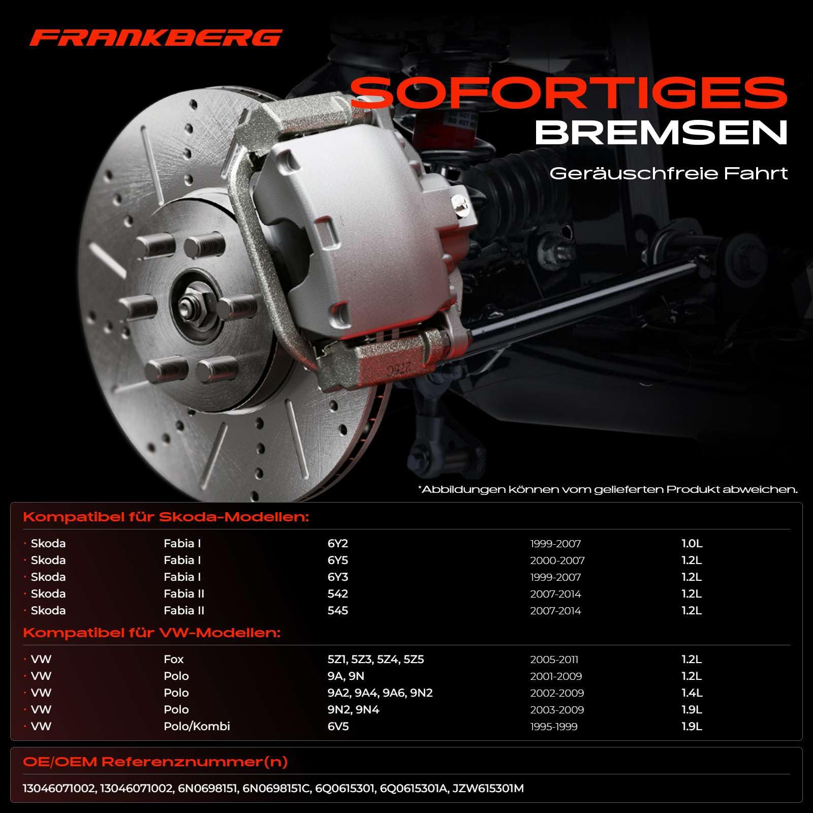 Frankberg 2x Bremsscheiben + 4x Bremsbeläge Vorne 13046071002 | Kompatibel mit Polo 9A 9N, Fox Hatchback 5Z1 5Z3 5Z4 5Z5, Fabia I Praktik 6Y5, Polo Stufenheck 9A2 9A4 9A6 9N2, Fabia I 6Y2