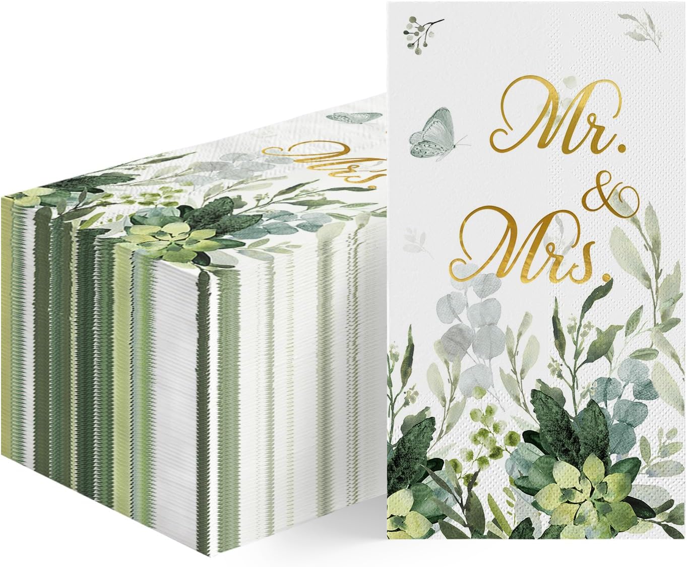 Horaldaily 100 Spring Disposable Paper Decorative Guest Napkins, Watercolor Eucalyptus Monogram Mr and Mrs Gold Foil for Party Lunch Dinner Kitchen Bathroom