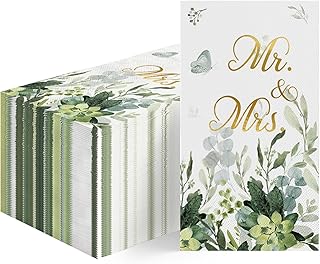Horaldaily 100 Spring Disposable Paper Decorative Guest Napkins, Watercolor Eucalyptus Monogram Mr and Mrs Gold Foil for Party Lunch Dinner Kitchen Bathroom