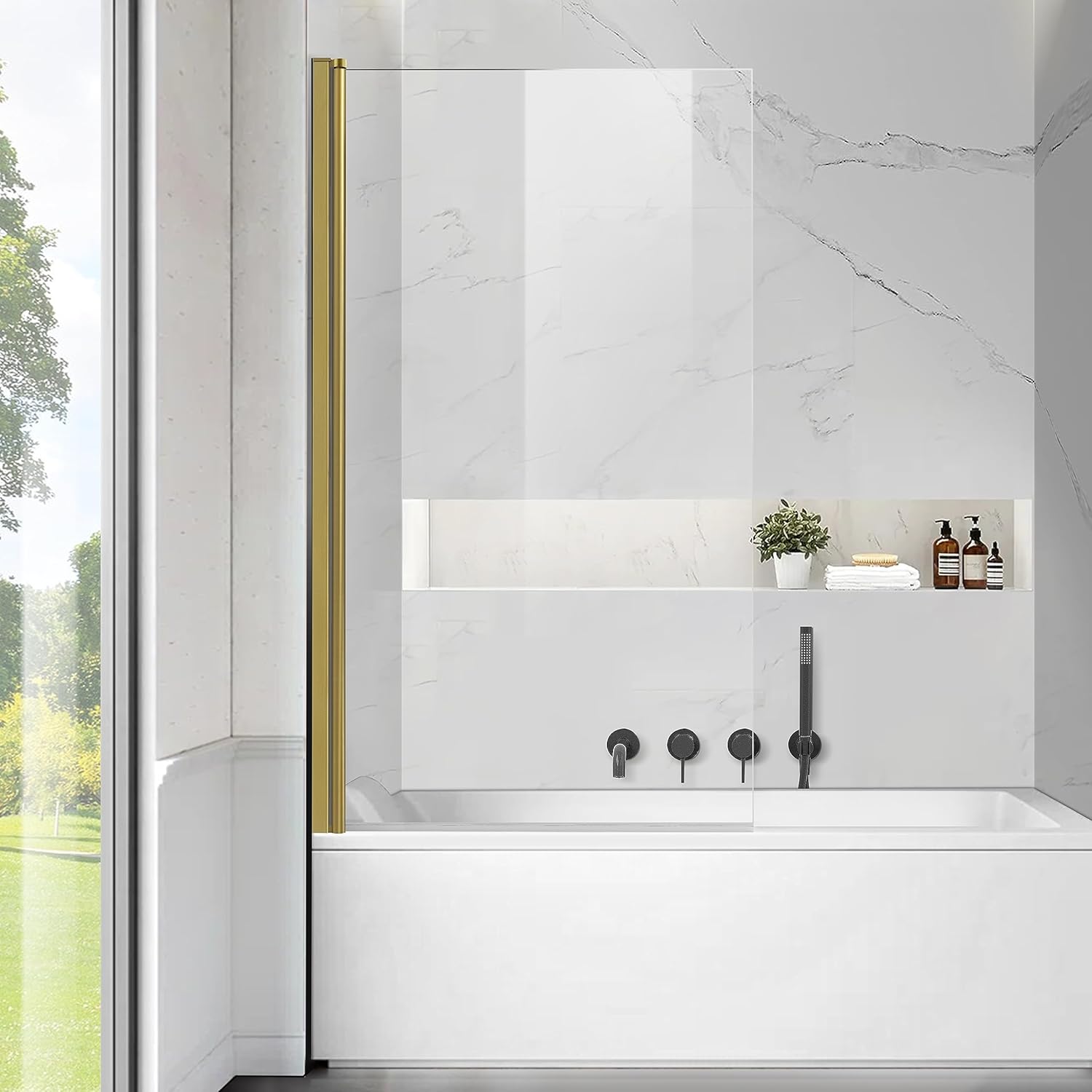 Frameless Tub Shower Door, Clear Tempered Glass Bathroom Shower Door 30" W*55" H, Hinged Foldable Bathtub Screen with Brushed Gold Wall Profile Support 30*55 inch Brushed Gold