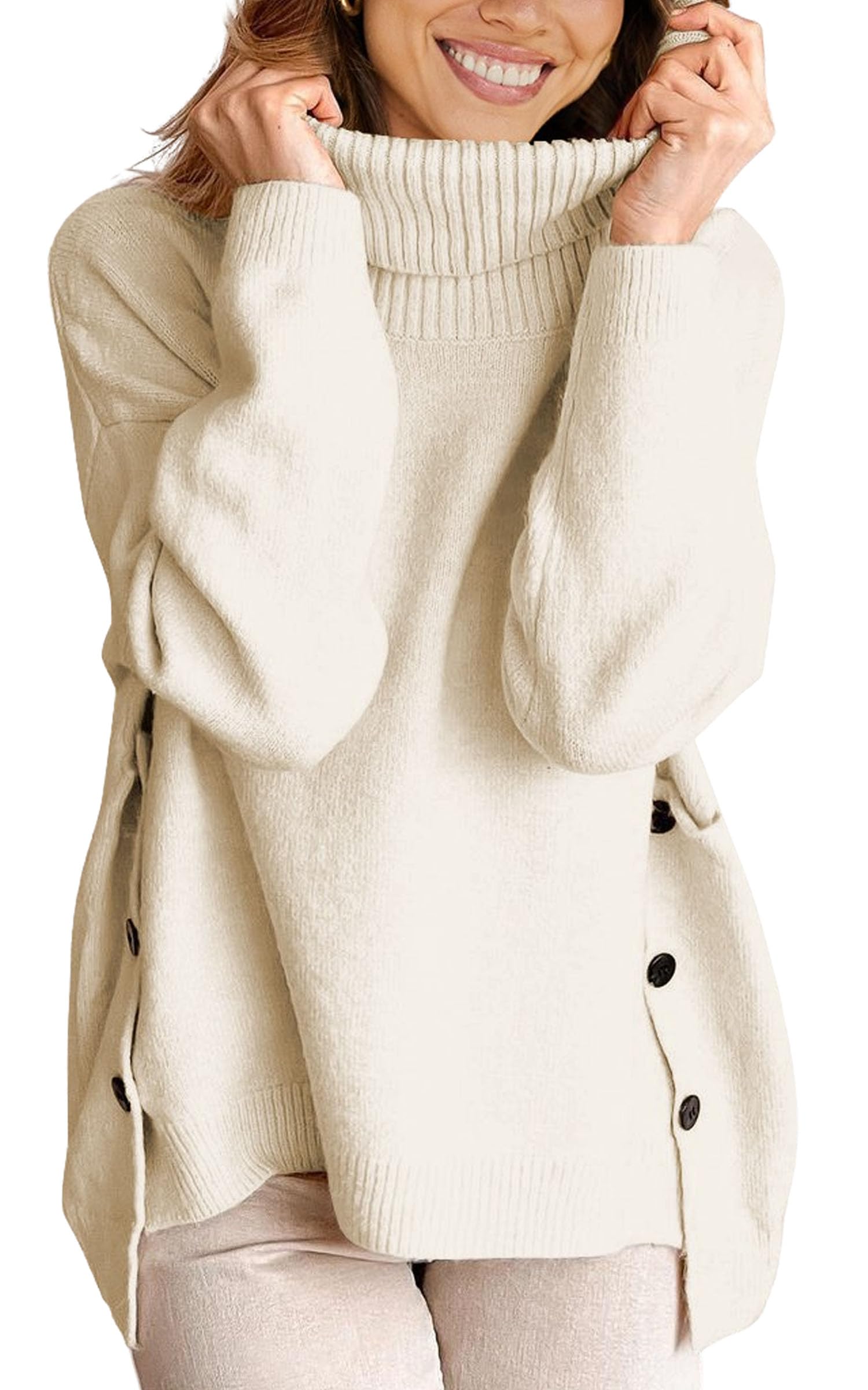 ECOWISH Women Fall Pullover Sweater Turtleneck Plaid Long Sleeve Loose Casual Chunky Checked Knit Winter Sweaters Jumper Tops