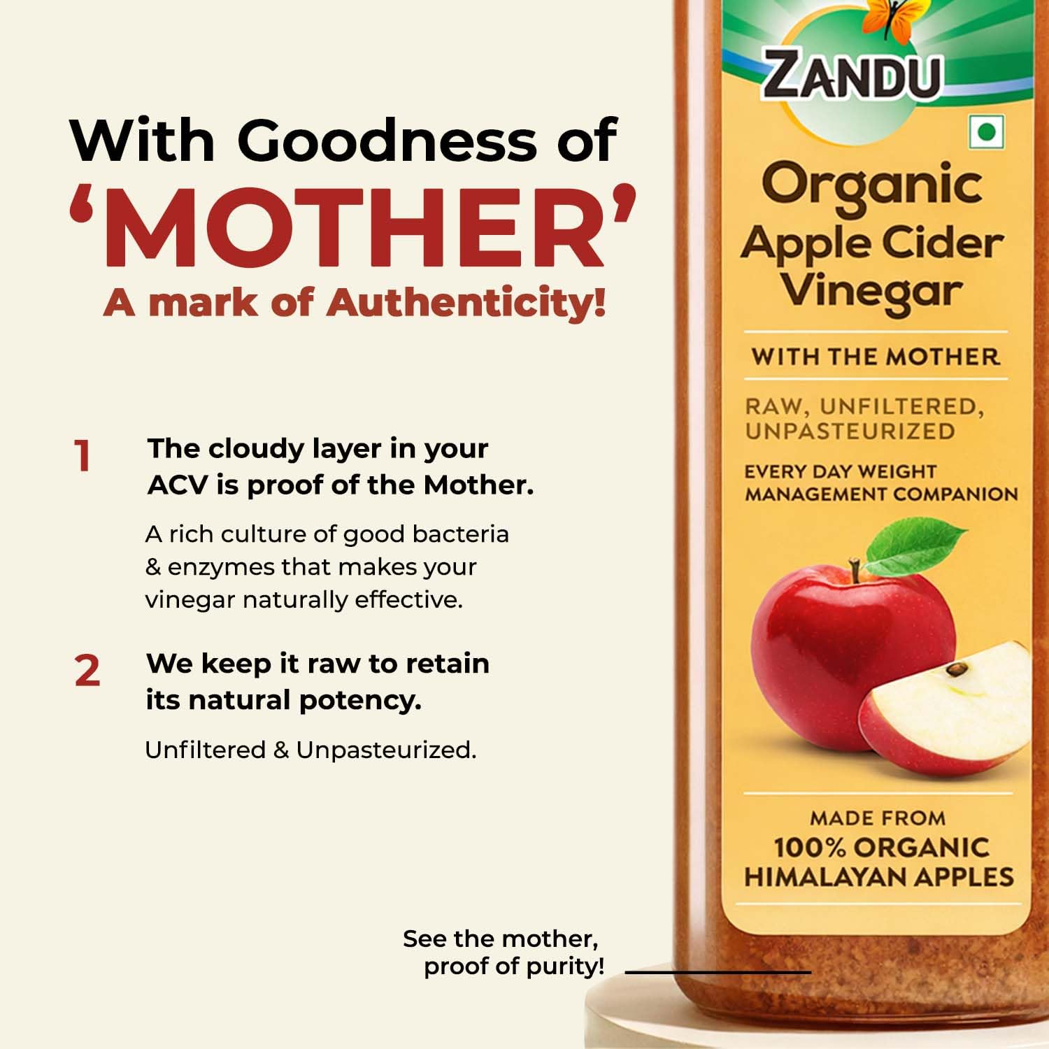 Zandu Organic Apple Cider Vinegar with Mother | Scientifically Tested | Raw, Unfiltered, Unpasteurized | Supports Healthy Weight & Digestion | 100% Organic Apples | 500ml 2