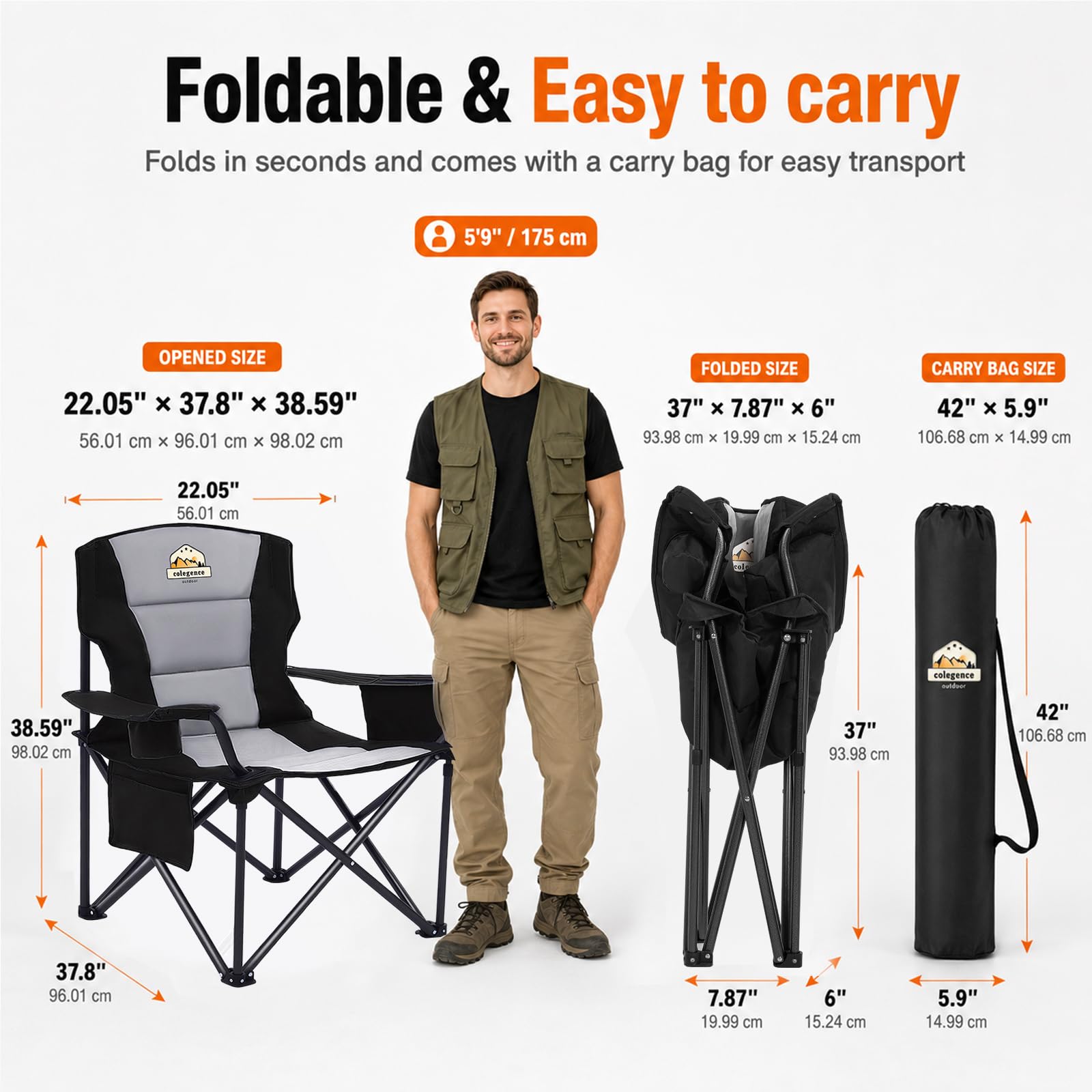 Sillas plegables de gran tamaño para acampar – Silla de campamento resistente de 450 libras con cojín acolchado, juego de 2 sillas exteriores portátiles con bolsa de transporte, enfriador, portavasos