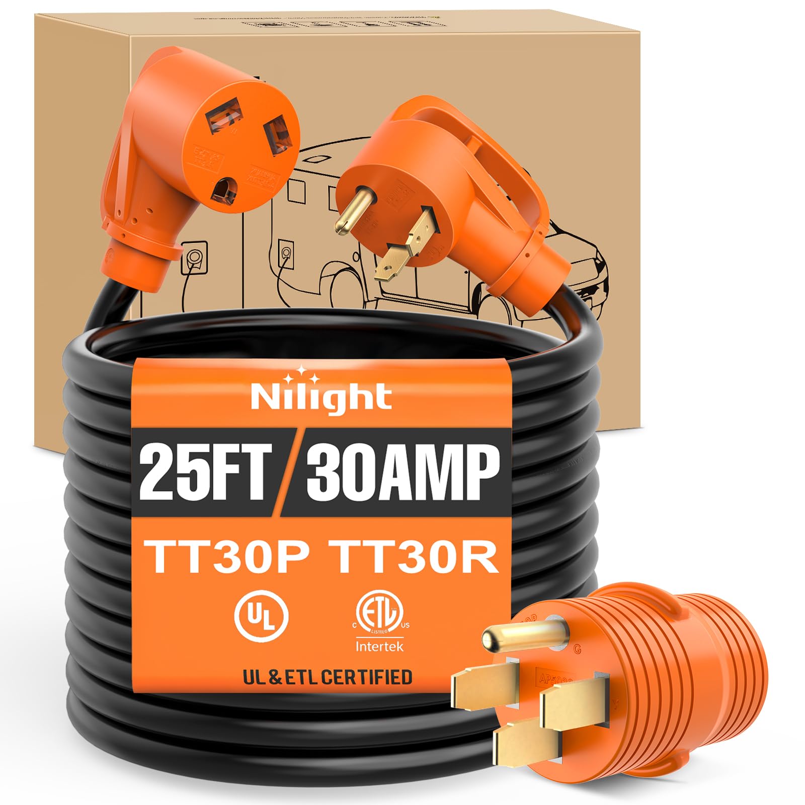 Nilight 25FT 30 Amp RV Extension Cord with Adapter 10/3 Gauge TT-30P